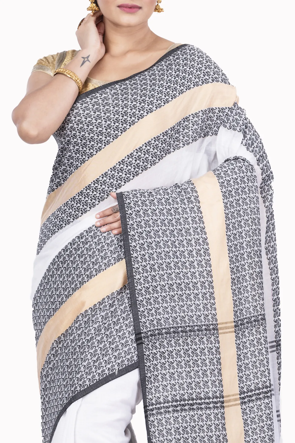 DipDiya Pure Cotton White Souraovi Hand Threads of Tradition Handloom Sarees