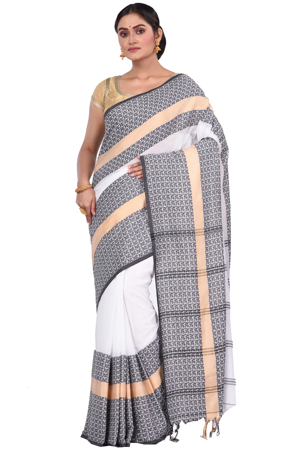 DipDiya Pure Cotton White Souraovi Hand Threads of Tradition Handloom Sarees