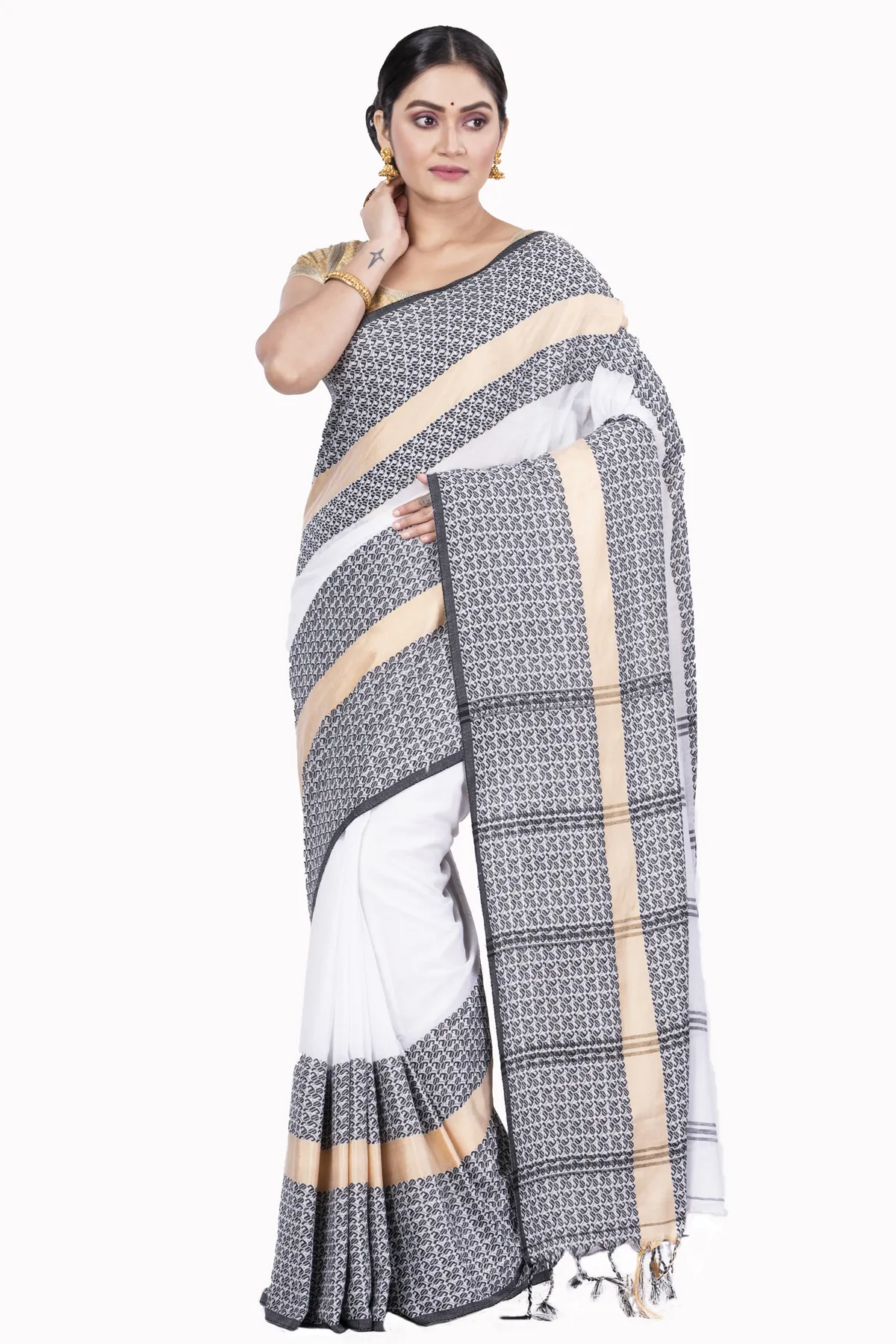DipDiya Pure Cotton White Souraovi Hand Threads of Tradition Handloom Sarees