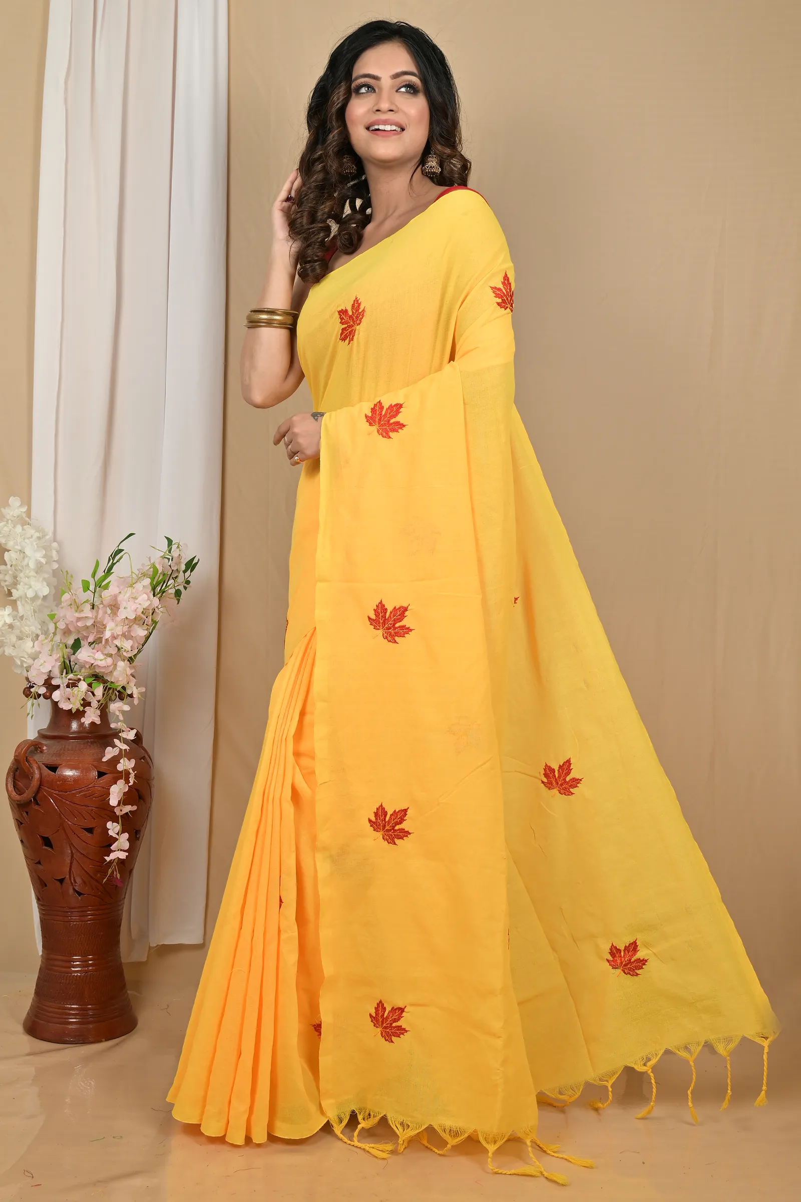 DipDiya Pure Cotton Yellow Achrun Loom to Love Embroidery Handloom sarees