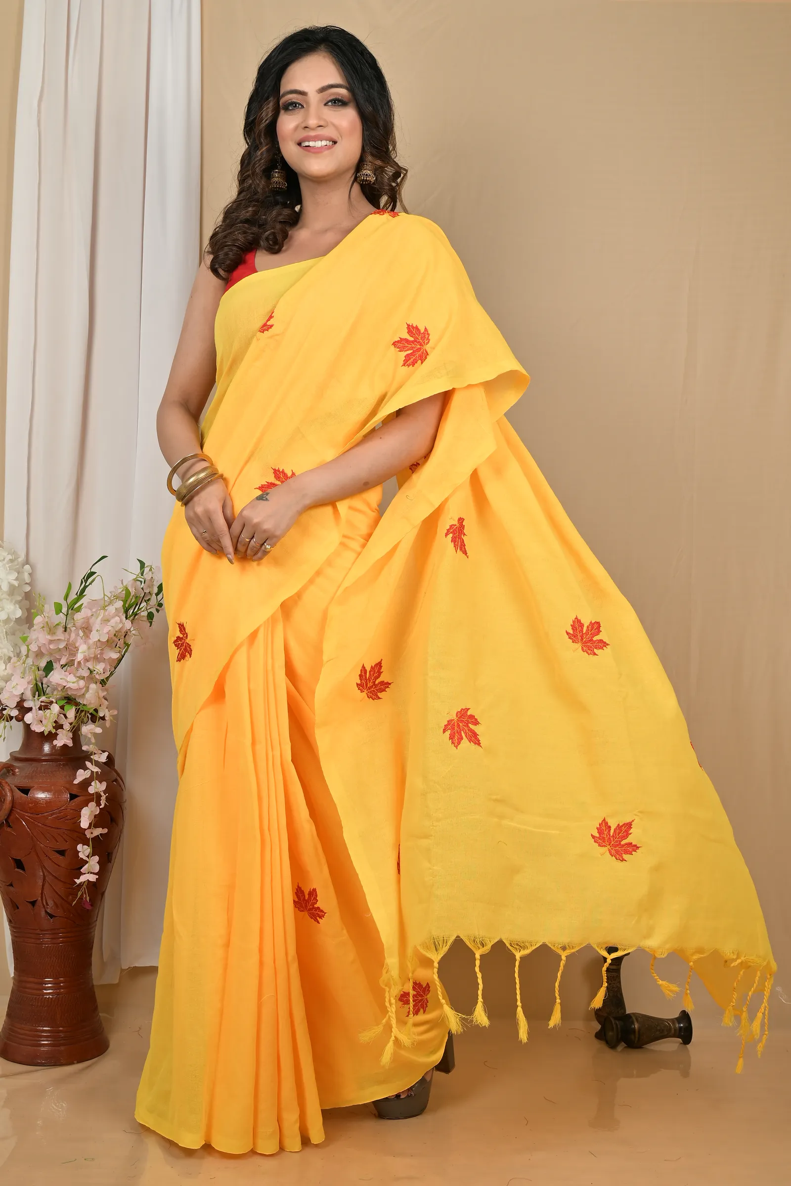 DipDiya Pure Cotton Yellow Achrun Loom to Love Embroidery Handloom sarees