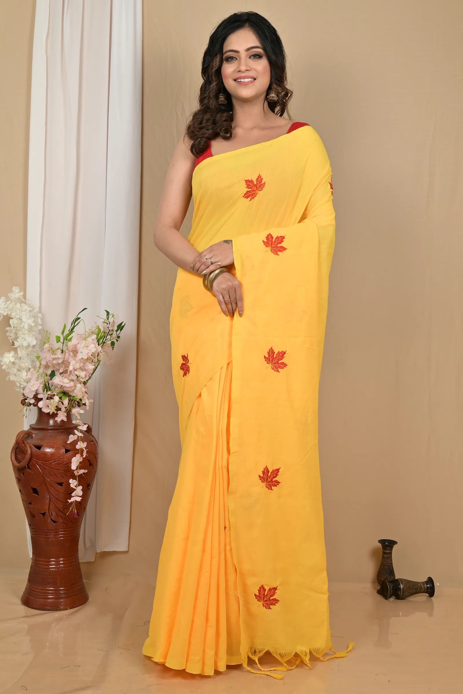 DipDiya Pure Cotton Yellow Achrun Loom to Love Embroidery Handloom sarees