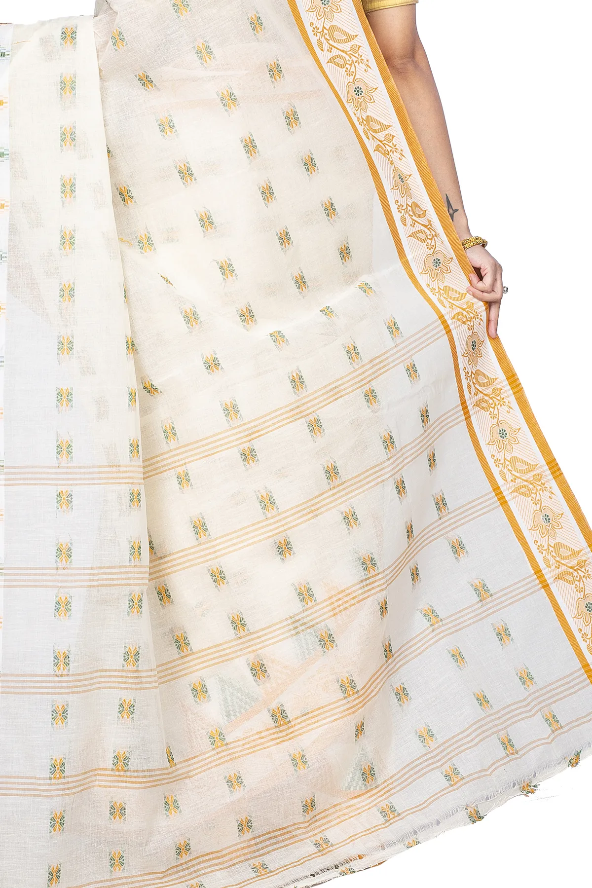 DipDiya Pure Cotton Yellow Alkari Timeless Bengal Tant Sarees