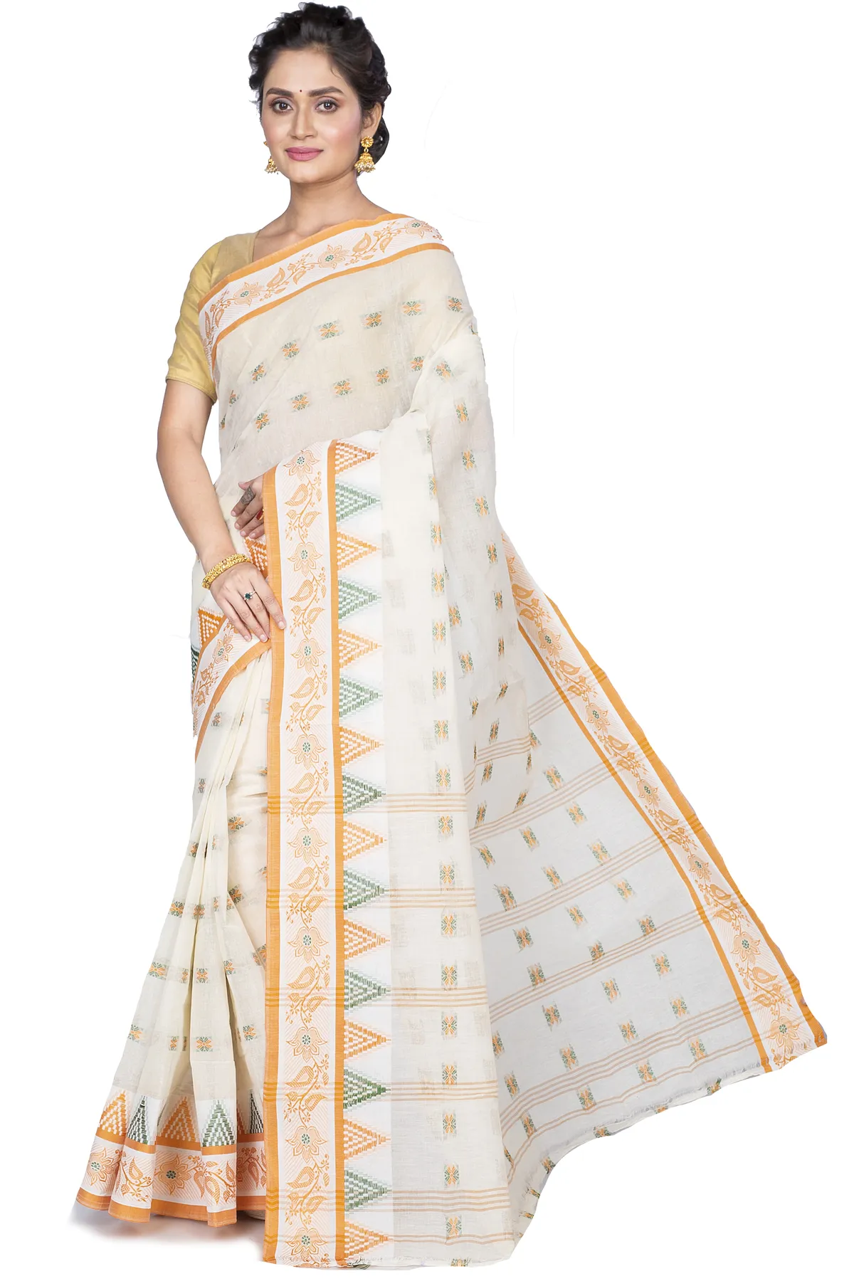 DipDiya Pure Cotton Yellow Alkari Timeless Bengal Tant Sarees