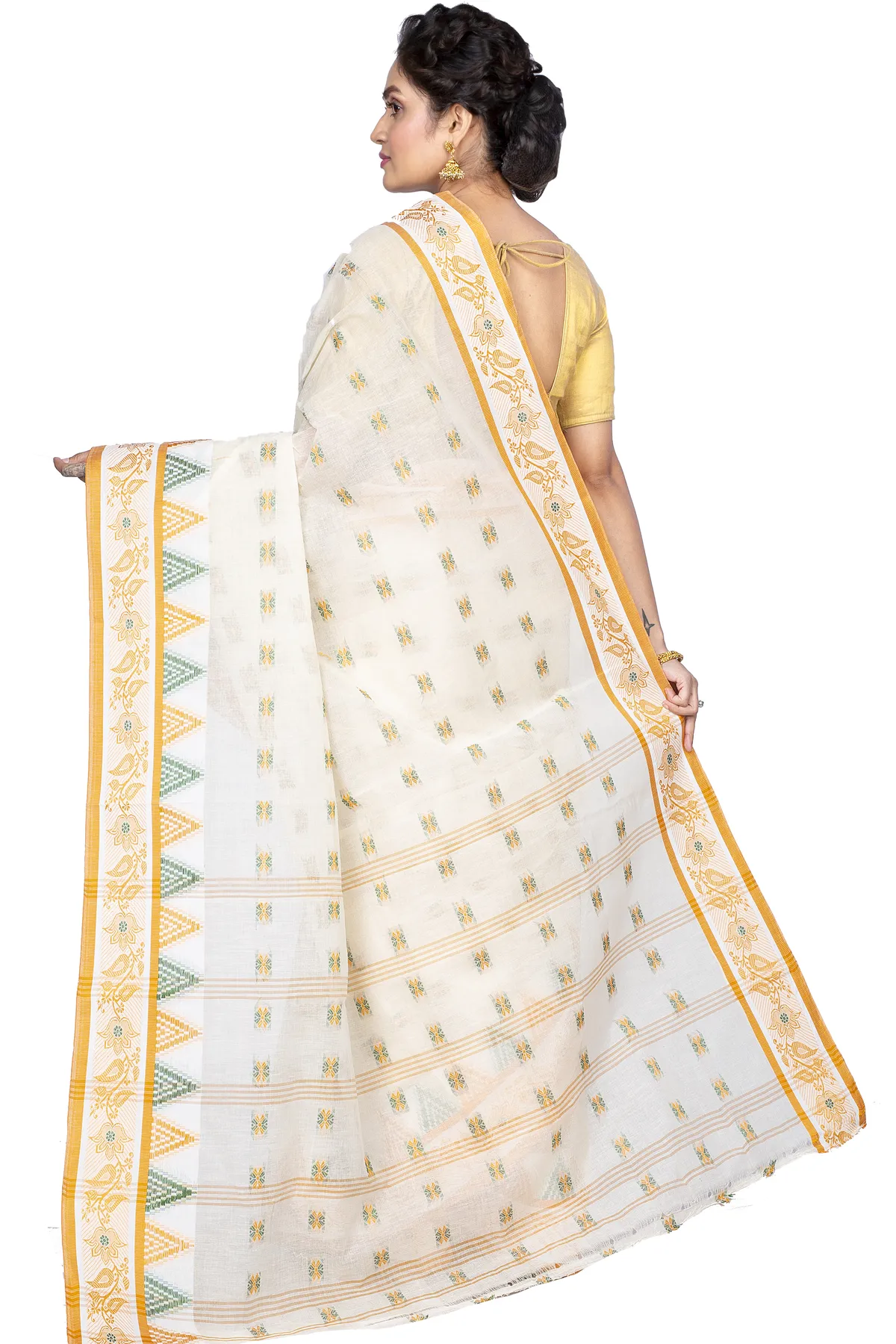 DipDiya Pure Cotton Yellow Alkari Timeless Bengal Tant Sarees