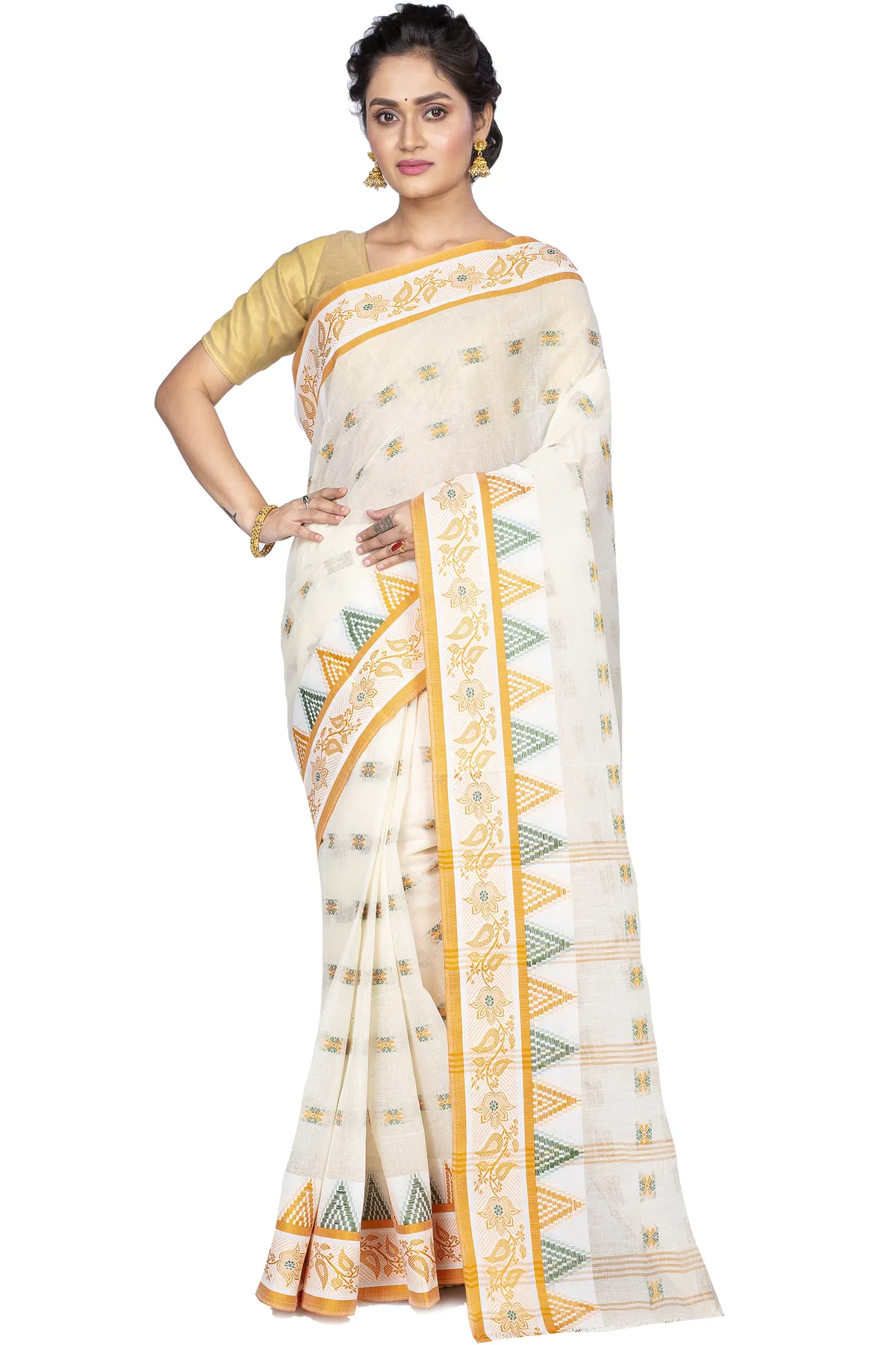 DipDiya Pure Cotton Yellow Alkari Timeless Bengal Tant Sarees