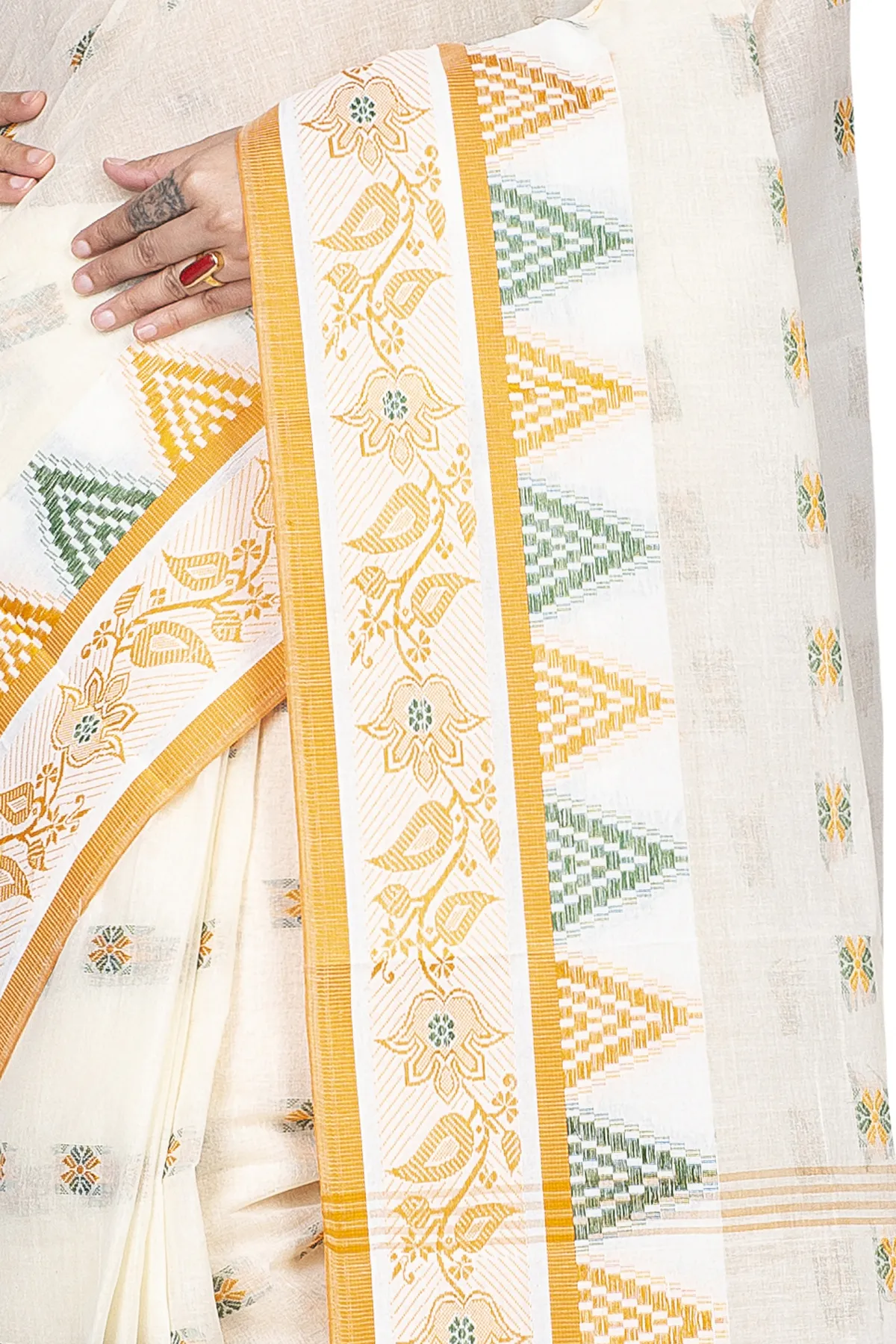 DipDiya Pure Cotton Yellow Alkari Timeless Bengal Tant Sarees