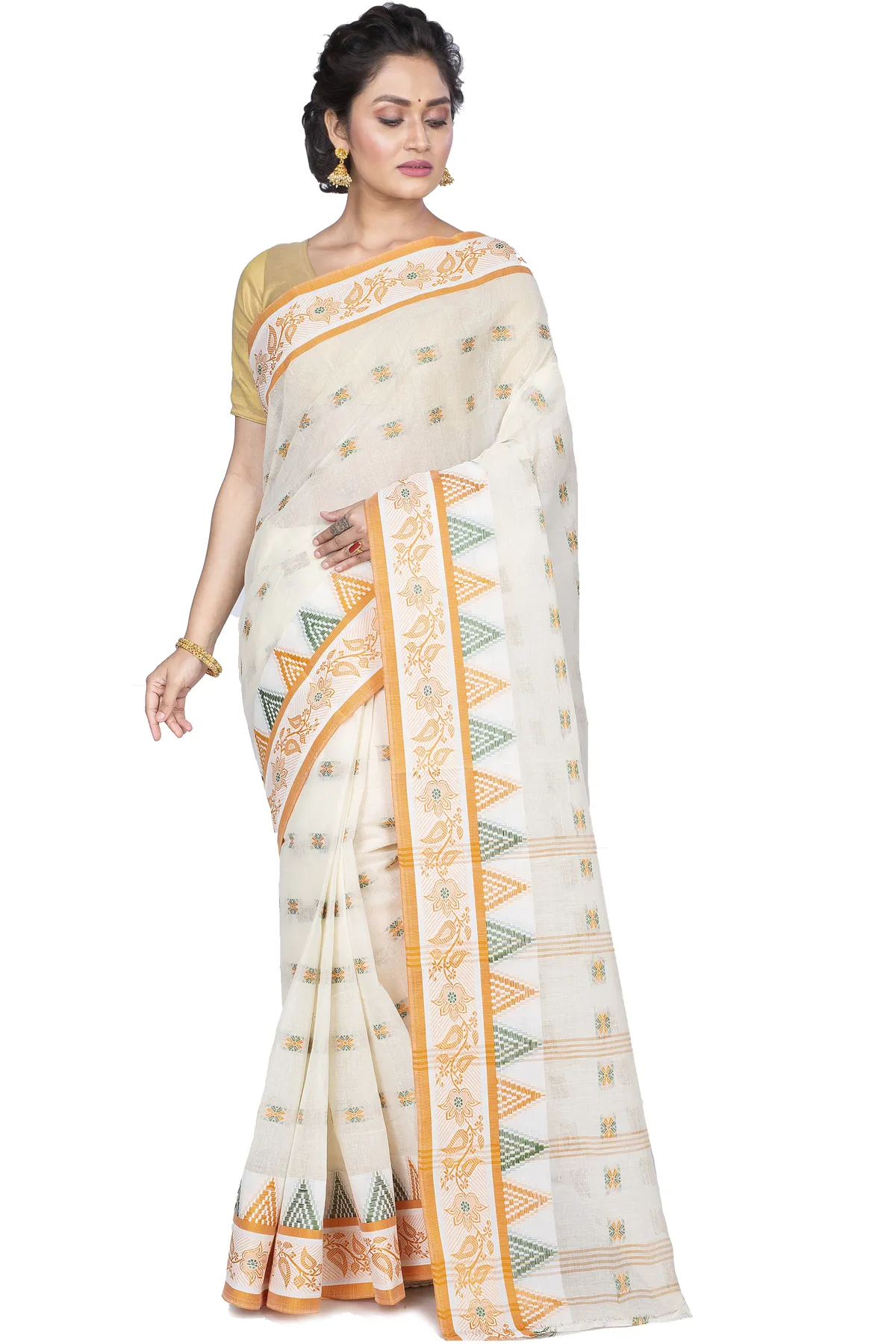 DipDiya Pure Cotton Yellow Alkari Timeless Bengal Tant Sarees