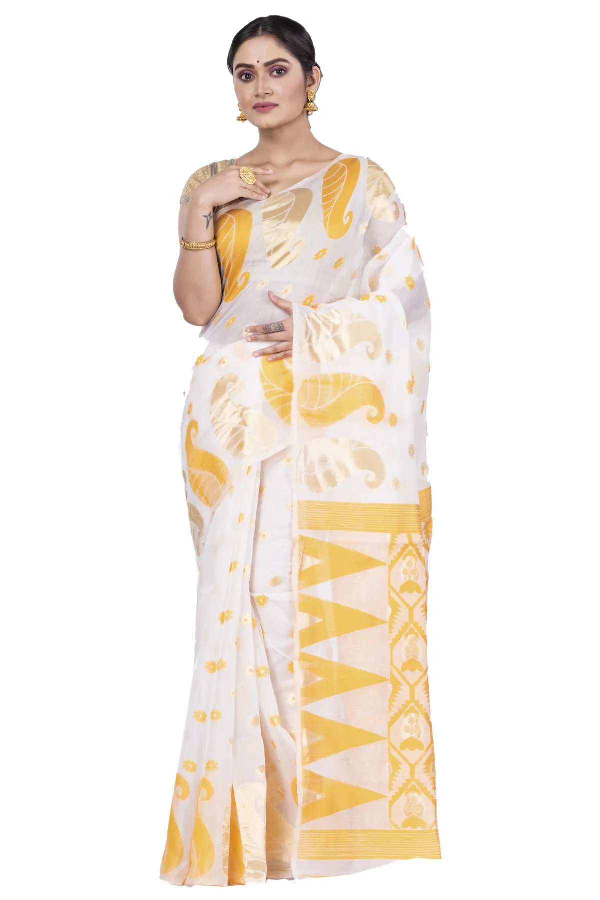 DipDiya Pure Cotton Yellow Amachal Jmdni Elegant by Tradition Jamdani Sarees