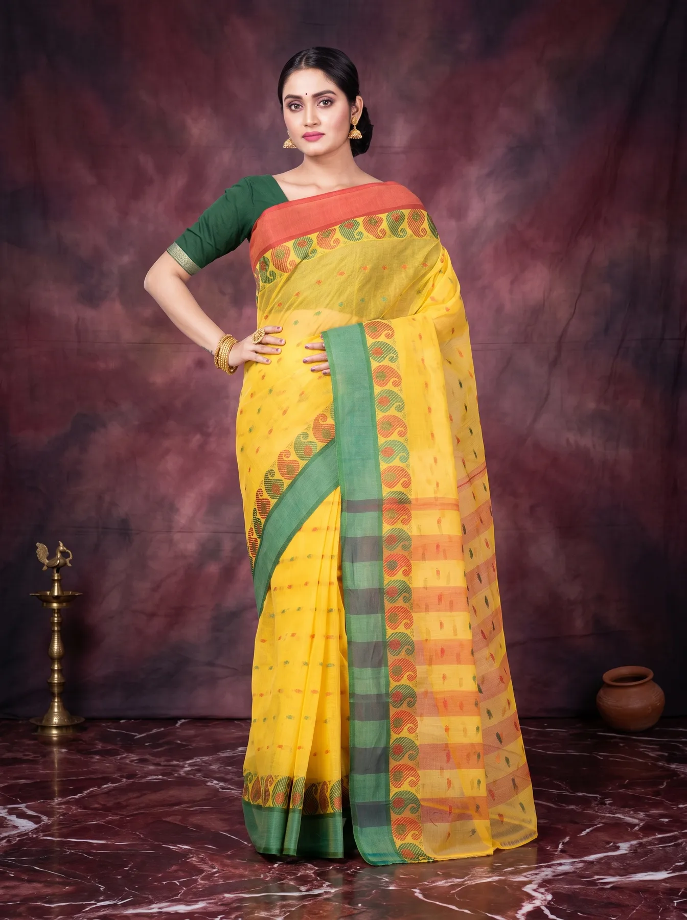DipDiya Pure Cotton Yellow Amkolka Par Elegance in Every Weave Tant Sarees
