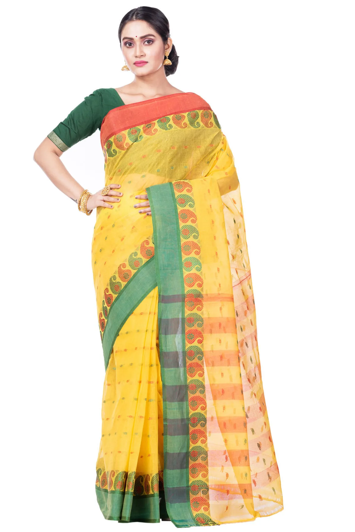 DipDiya Pure Cotton Yellow Amkolka Par Elegance in Every Weave Tant Sarees