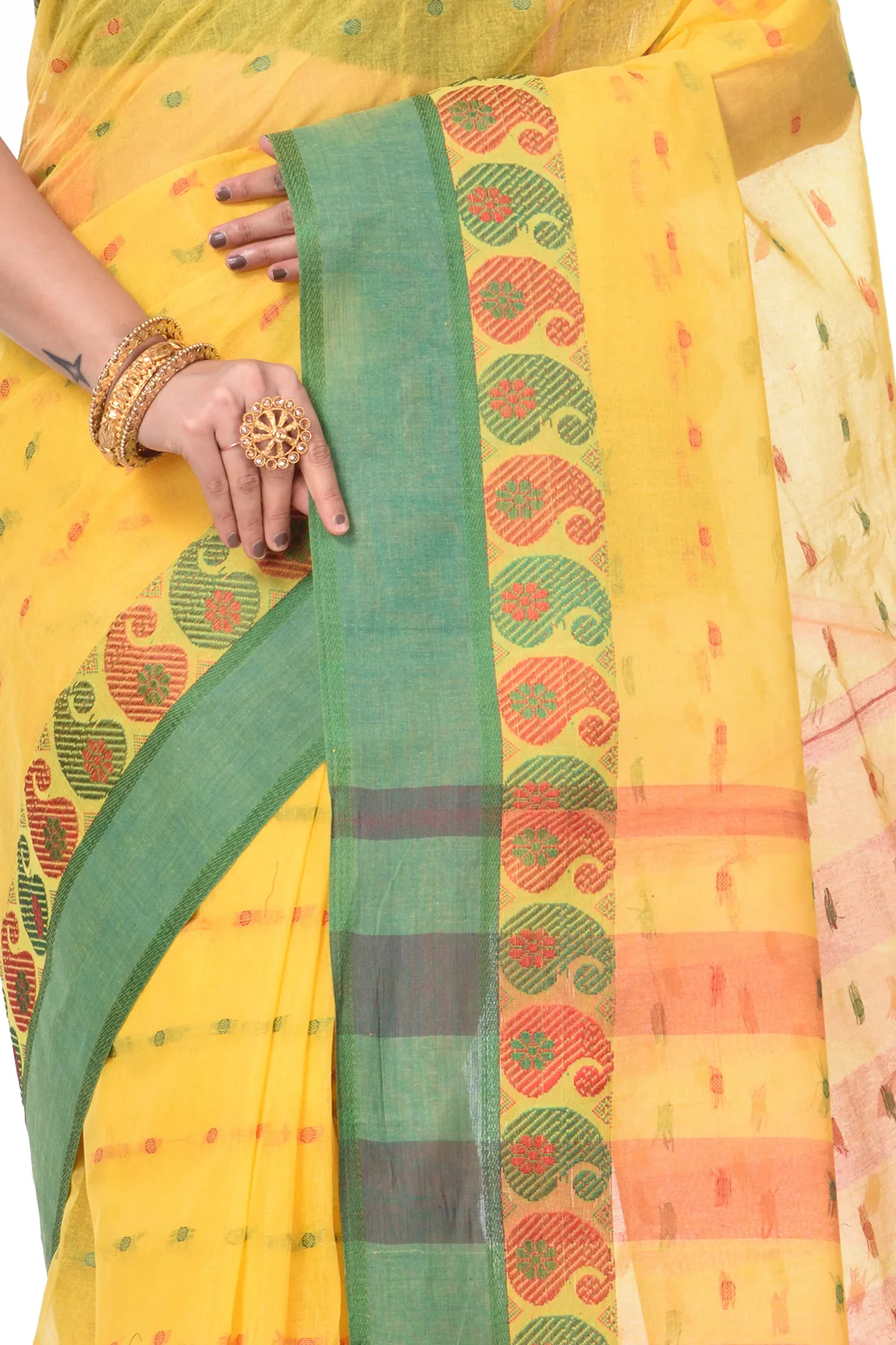 DipDiya Pure Cotton Yellow Amkolka Par Elegance in Every Weave Tant Sarees
