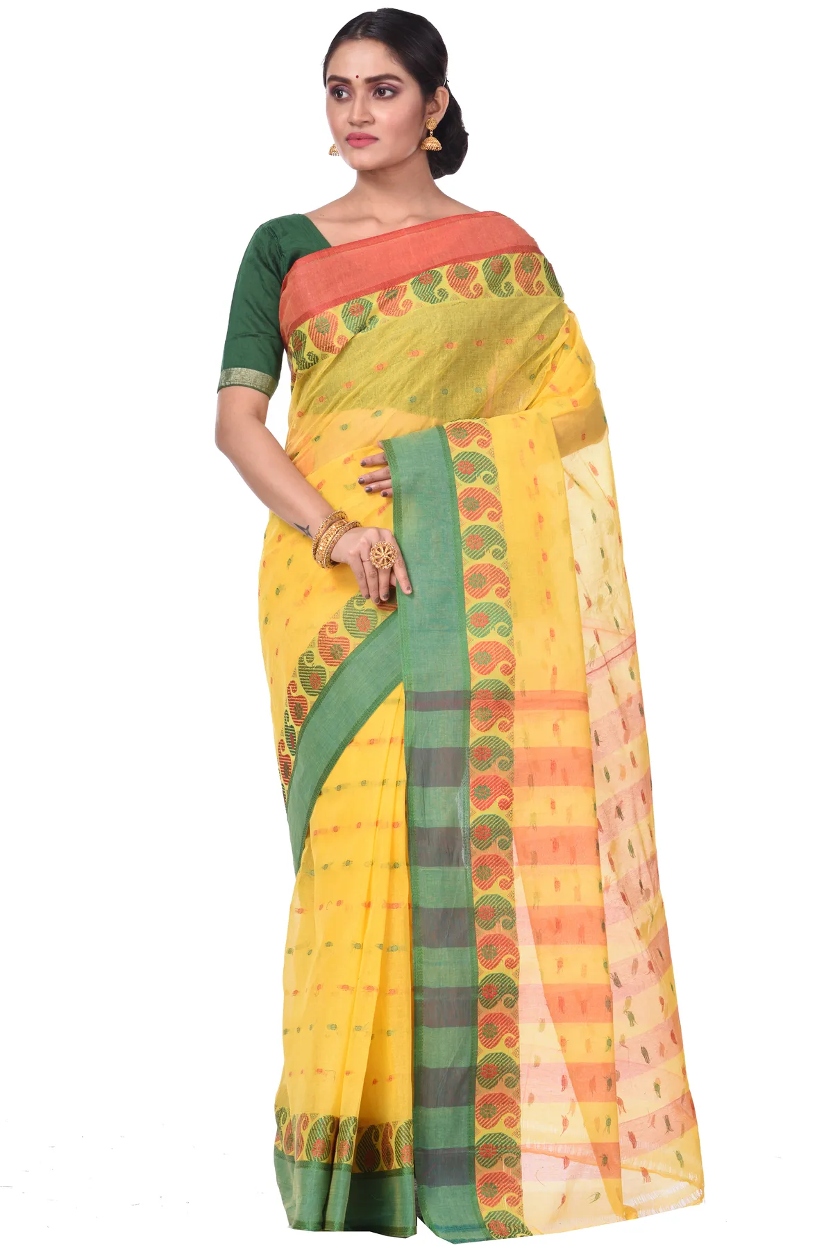 DipDiya Pure Cotton Yellow Amkolka Par Elegance in Every Weave Tant Sarees