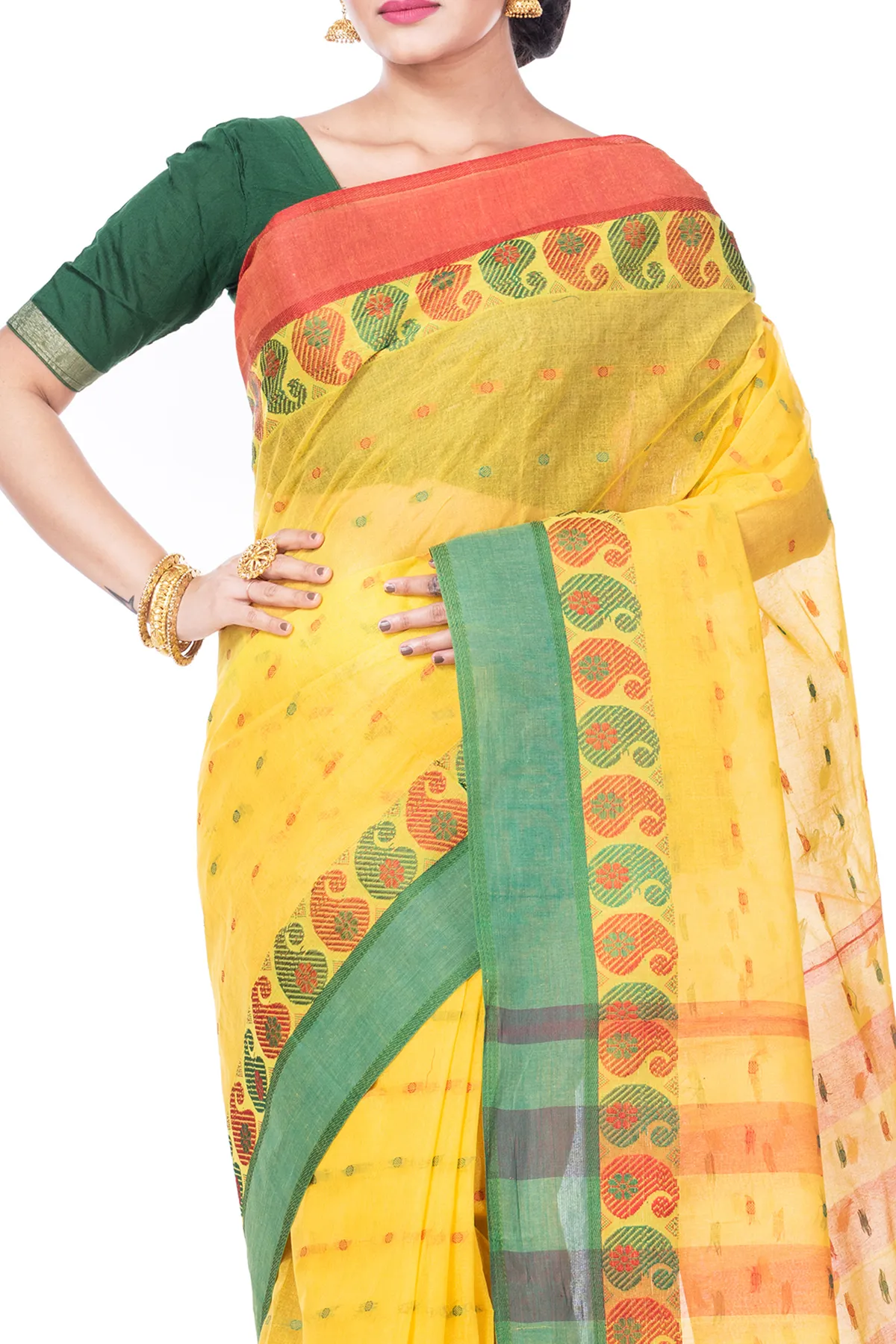 DipDiya Pure Cotton Yellow Amkolka Par Elegance in Every Weave Tant Sarees