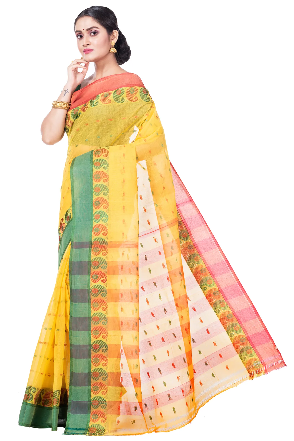 DipDiya Pure Cotton Yellow Amkolka Par Elegance in Every Weave Tant Sarees