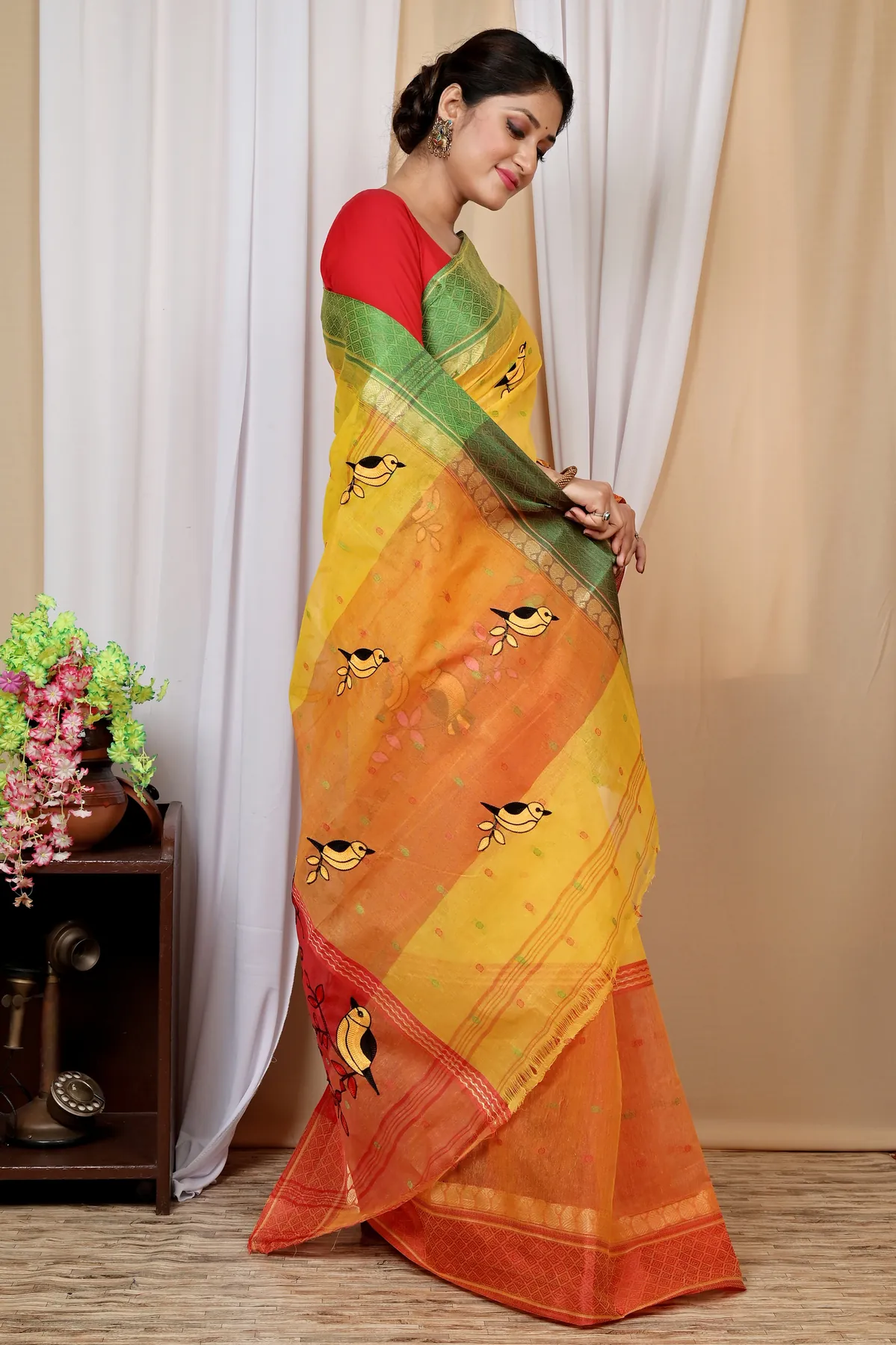 DipDiya Pure Cotton Yellow and Red Embi Ganga Chari Traditional Bengali Embroidery Tant Sarees