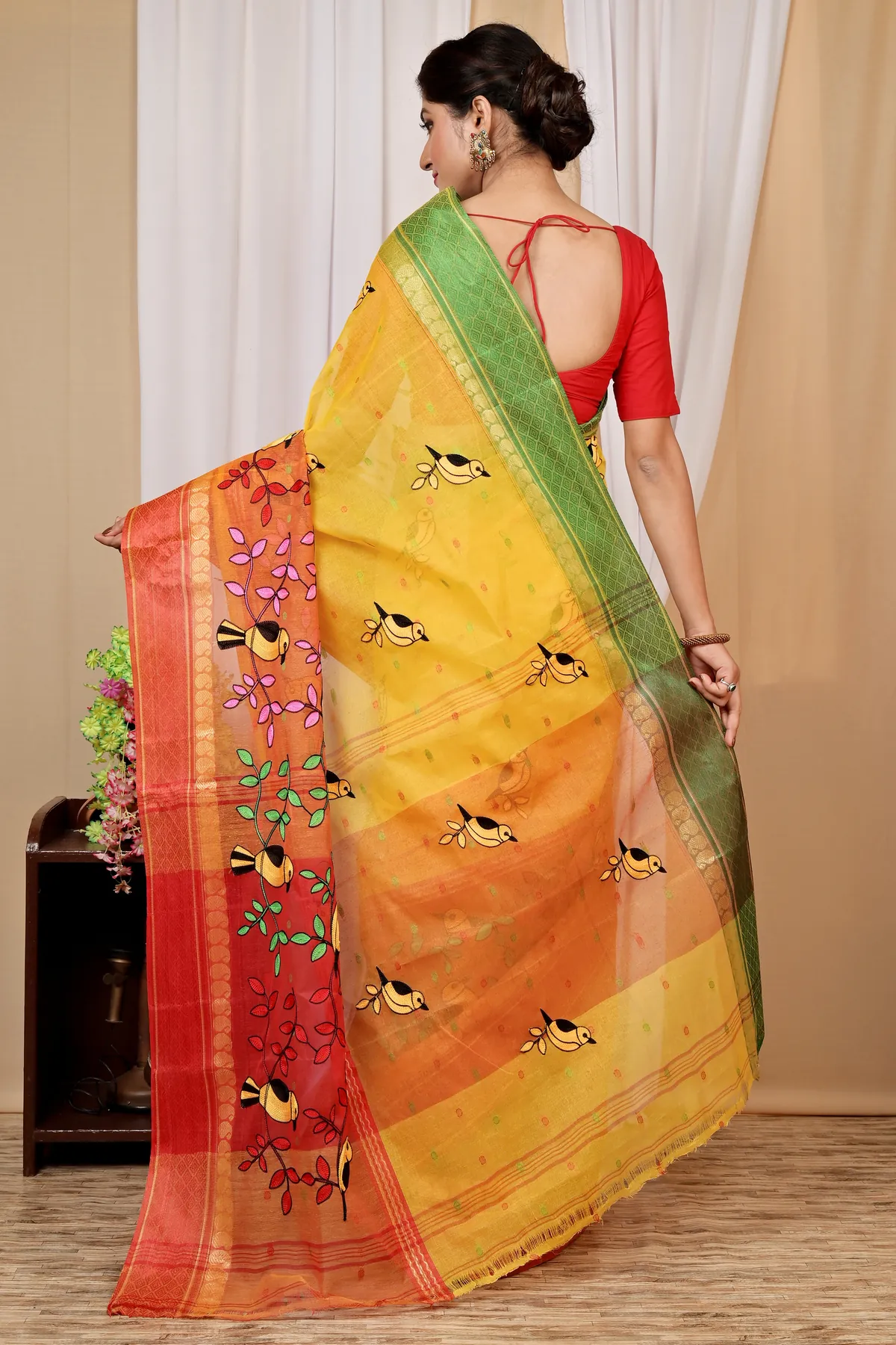 DipDiya Pure Cotton Yellow and Red Embi Ganga Chari Traditional Bengali Embroidery Tant Sarees