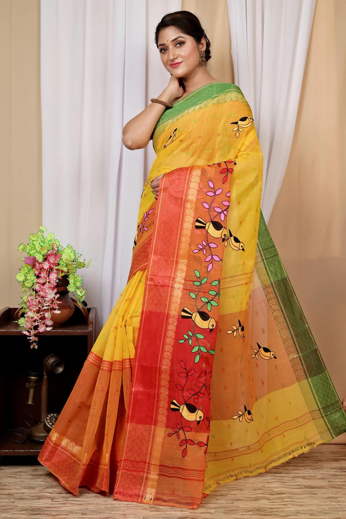 DipDiya Pure Cotton Yellow and Red Embi Ganga Chari Traditional Bengali Embroidery Tant Sarees