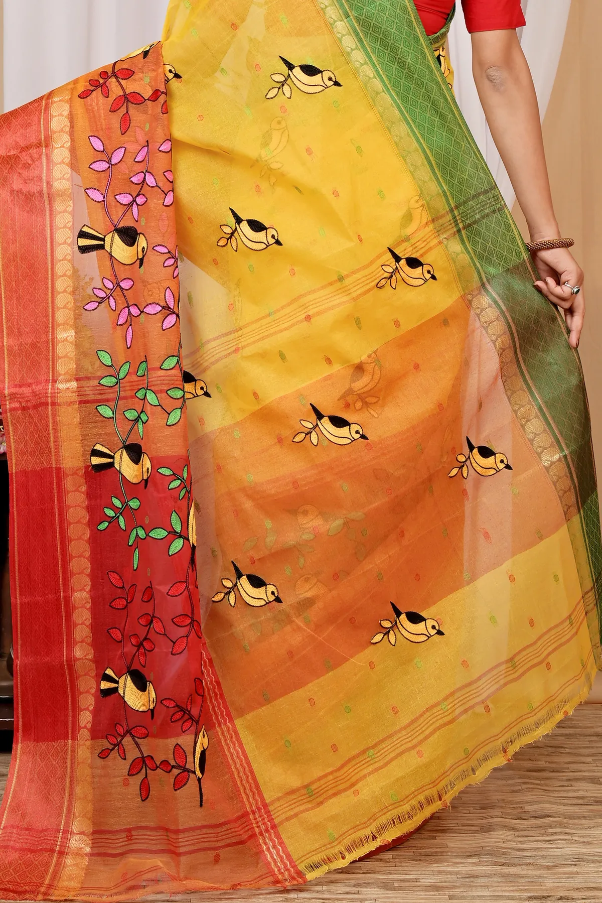 DipDiya Pure Cotton Yellow and Red Embi Ganga Chari Traditional Bengali Embroidery Tant Sarees