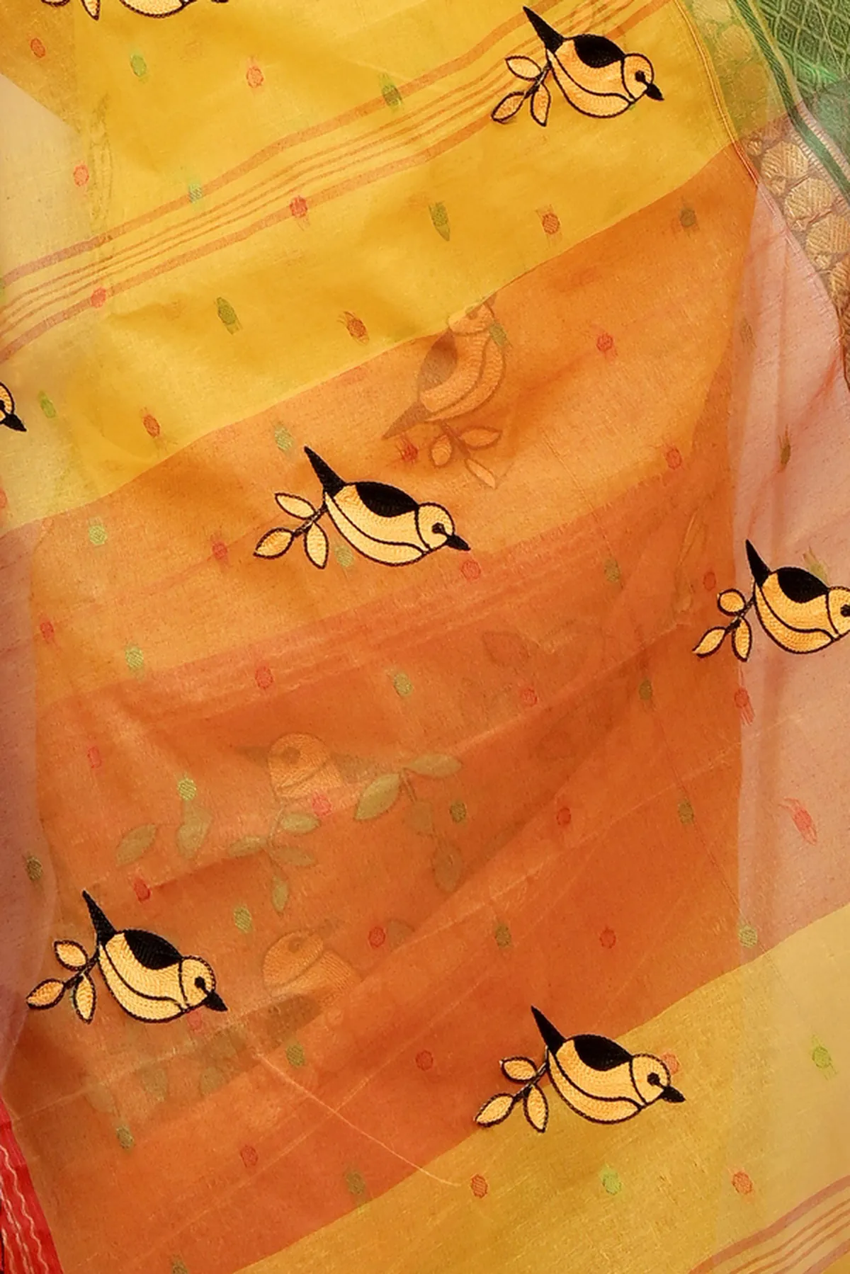 DipDiya Pure Cotton Yellow and Red Embi Ganga Chari Traditional Bengali Embroidery Tant Sarees