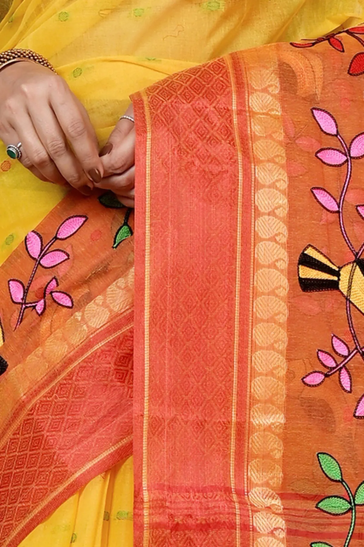 DipDiya Pure Cotton Yellow and Red Embi Ganga Chari Traditional Bengali Embroidery Tant Sarees