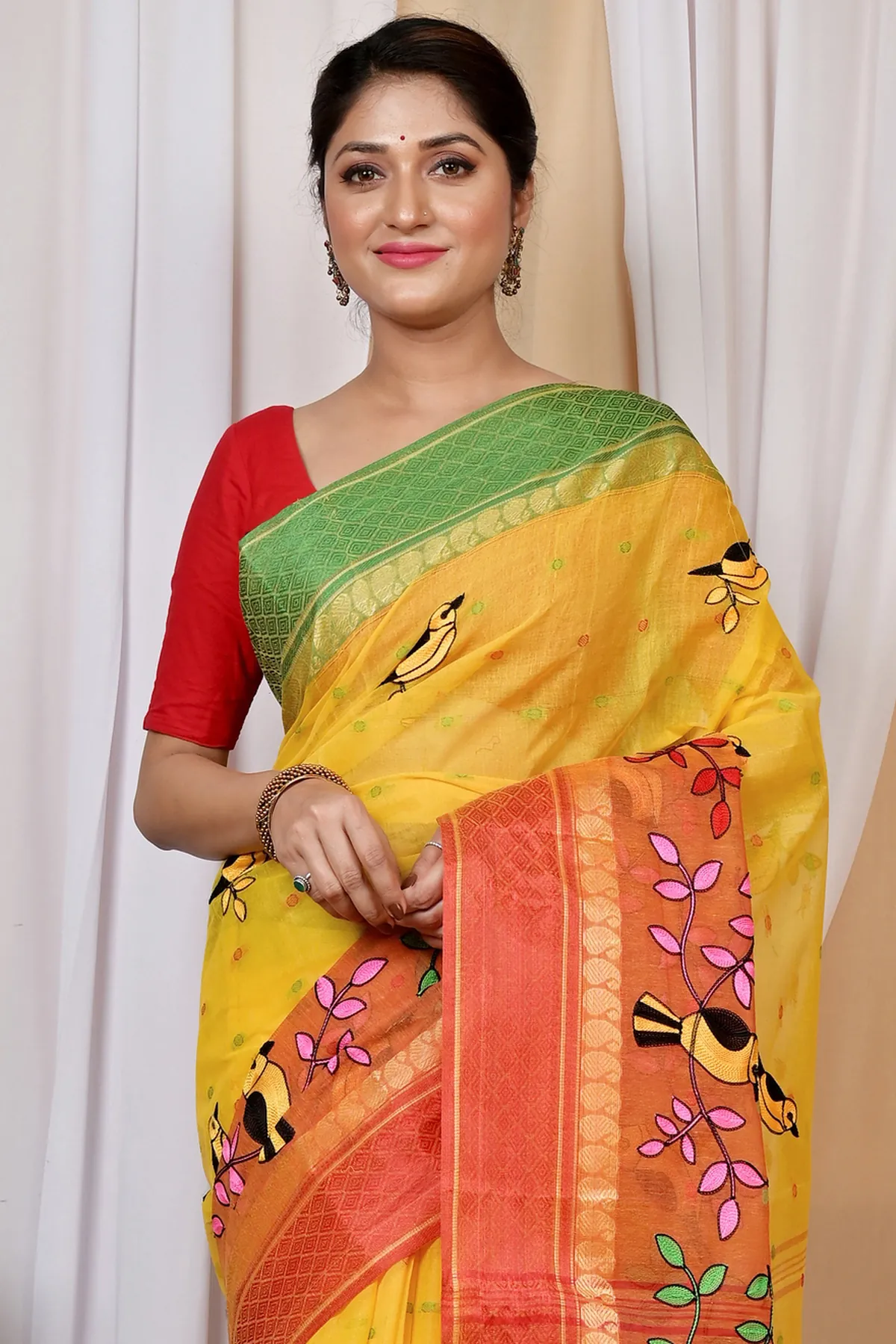 DipDiya Pure Cotton Yellow and Red Embi Ganga Chari Traditional Bengali Embroidery Tant Sarees