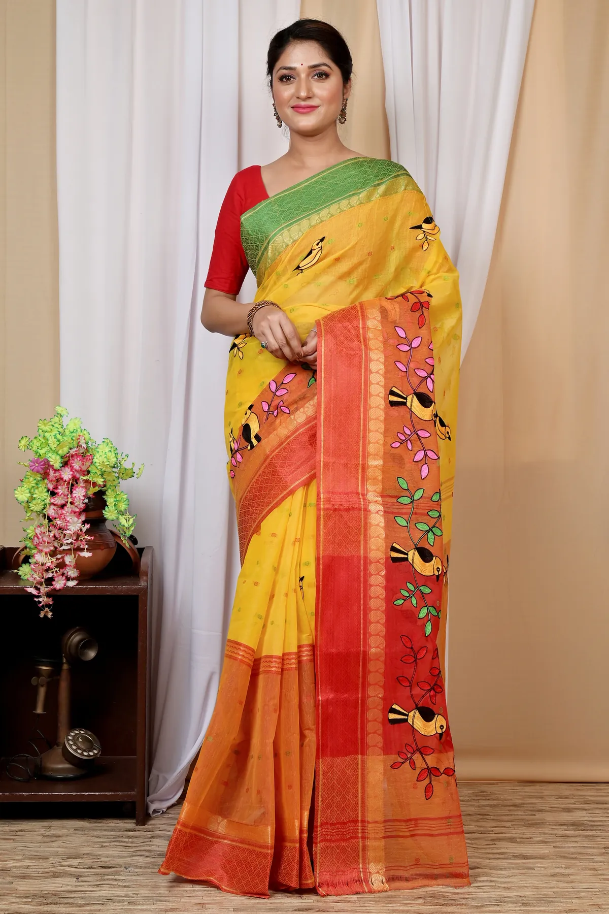 DipDiya Pure Cotton Yellow and Red Embi Ganga Chari Traditional Bengali Embroidery Tant Sarees