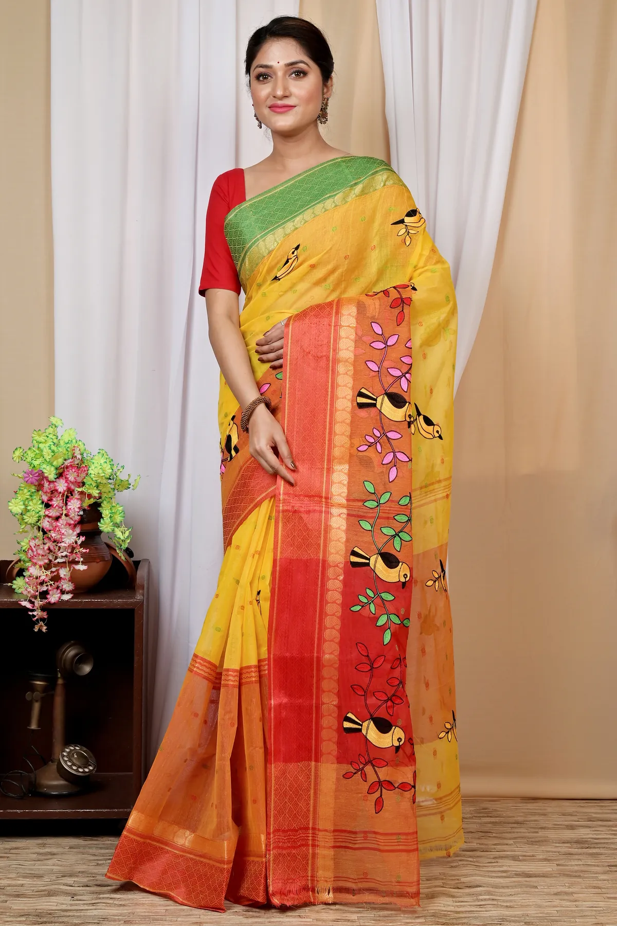 DipDiya Pure Cotton Yellow and Red Embi Ganga Chari Traditional Bengali Embroidery Tant Sarees
