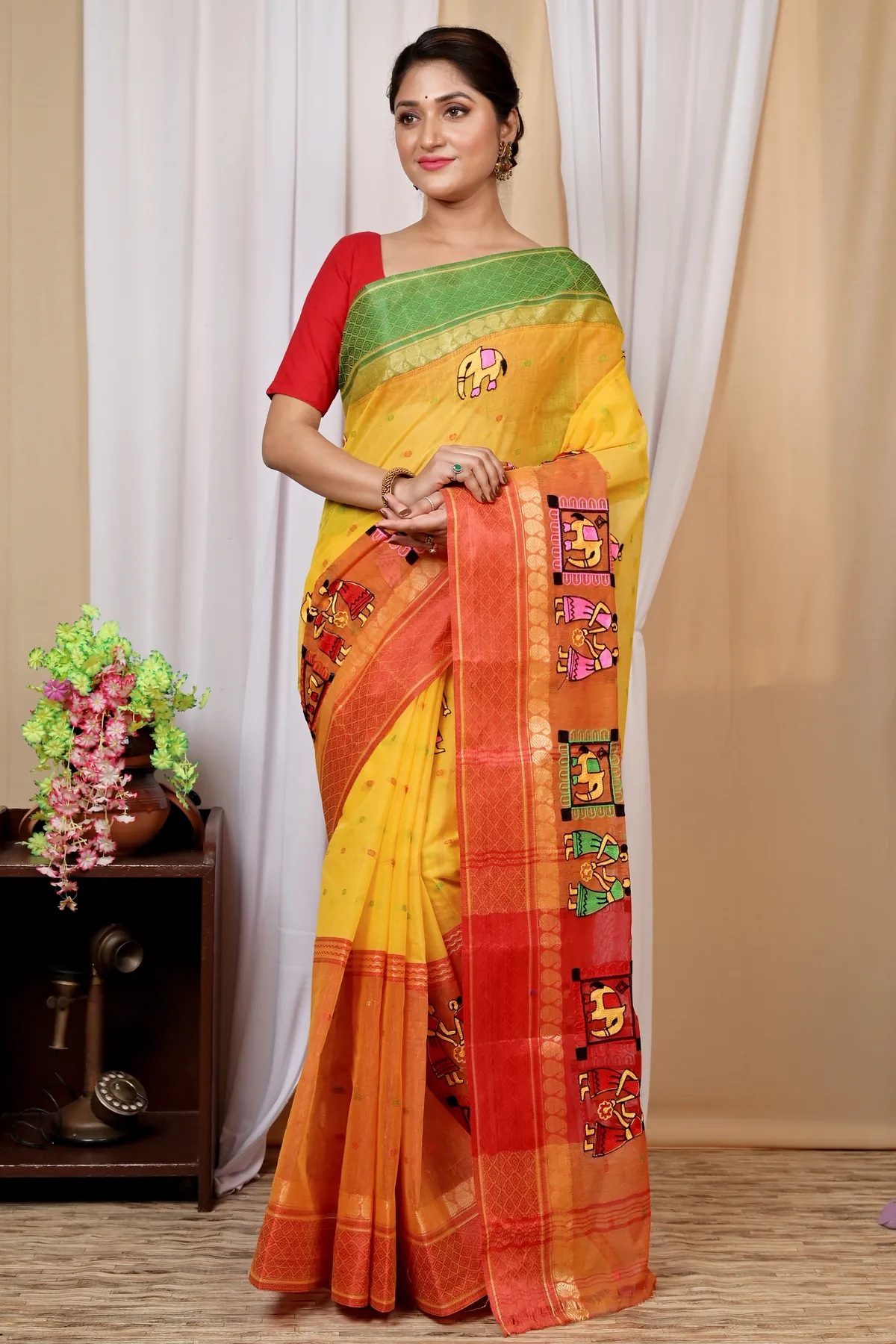 DipDiya Pure Cotton Yellow and Red Embi Ganga Gajo Bengal’s Legacy Embroidery Tant Sarees