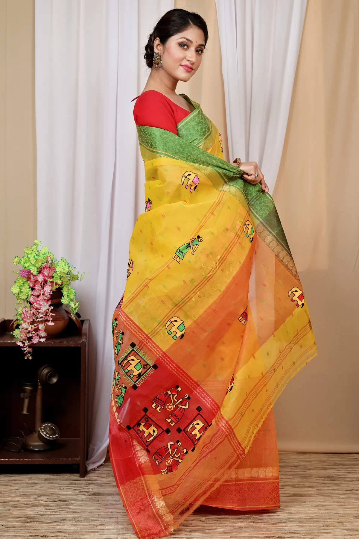 DipDiya Pure Cotton Yellow and Red Embi Ganga Gajo Bengal’s Legacy Embroidery Tant Sarees