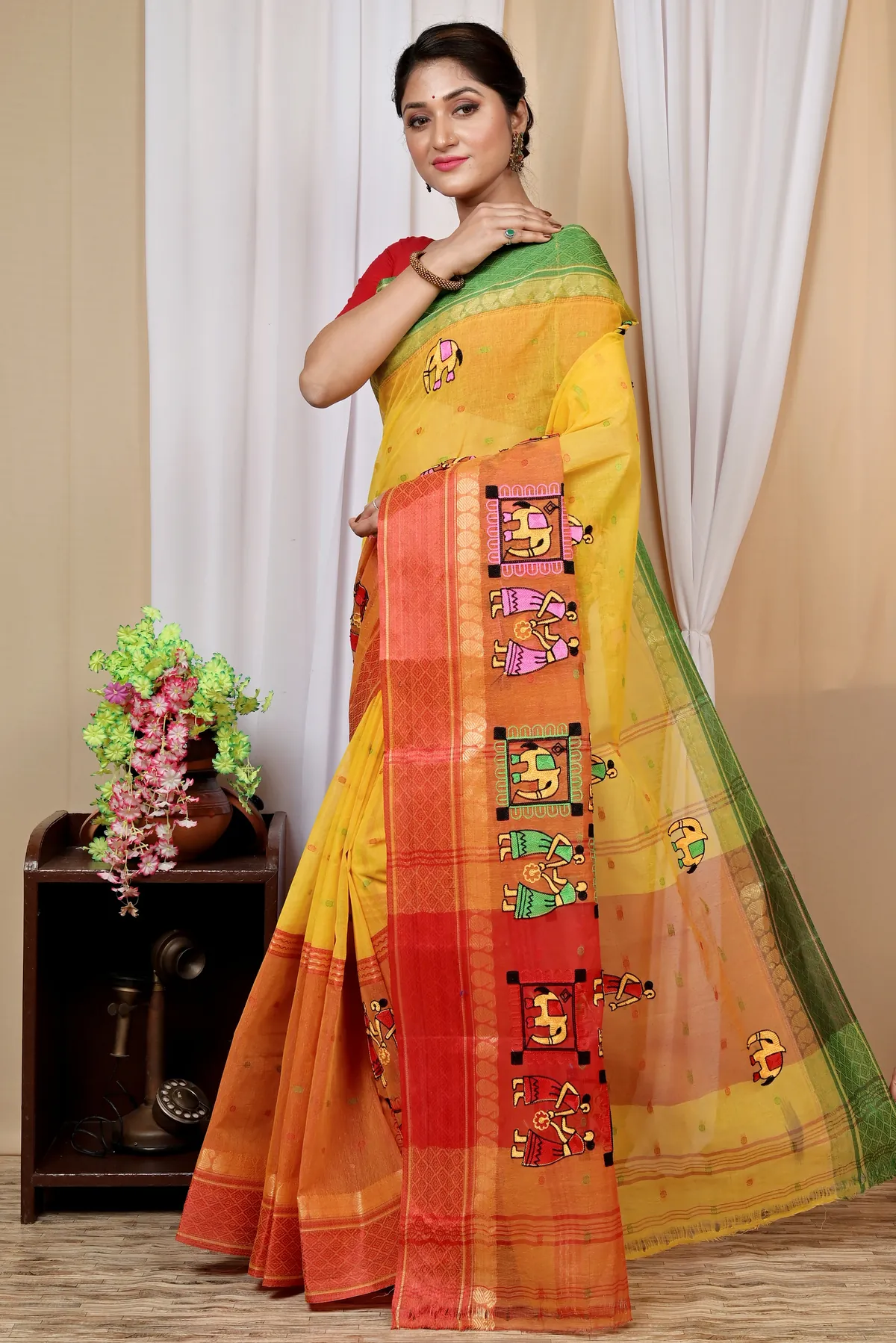 DipDiya Pure Cotton Yellow and Red Embi Ganga Gajo Bengal’s Legacy Embroidery Tant Sarees