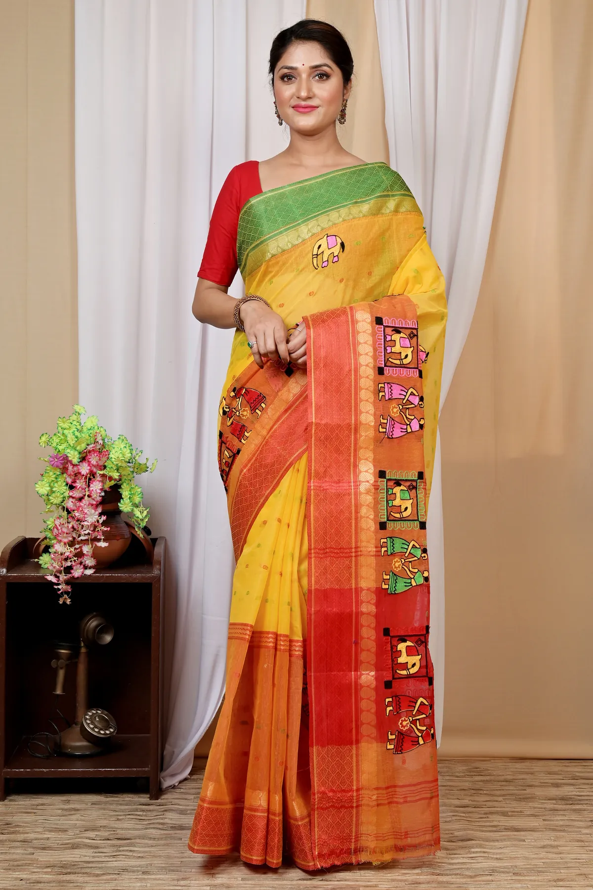 DipDiya Pure Cotton Yellow and Red Embi Ganga Gajo Bengal’s Legacy Embroidery Tant Sarees