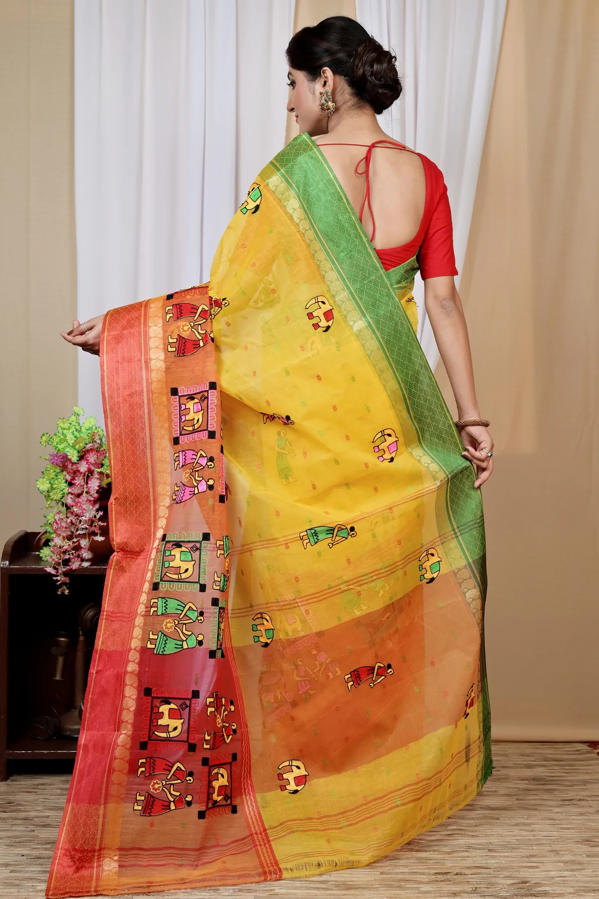 DipDiya Pure Cotton Yellow and Red Embi Ganga Gajo Bengal’s Legacy Embroidery Tant Sarees