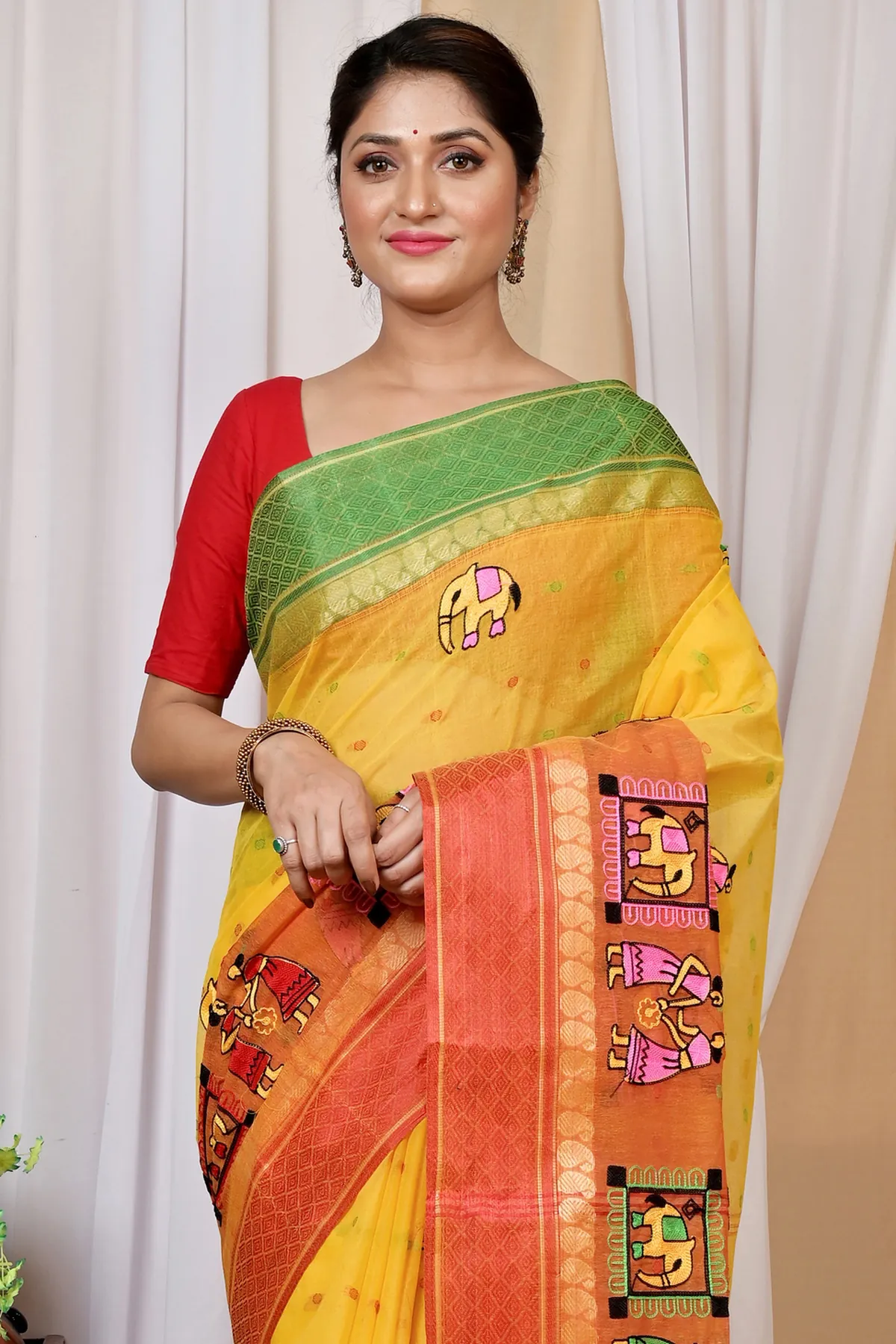 DipDiya Pure Cotton Yellow and Red Embi Ganga Gajo Bengal’s Legacy Embroidery Tant Sarees