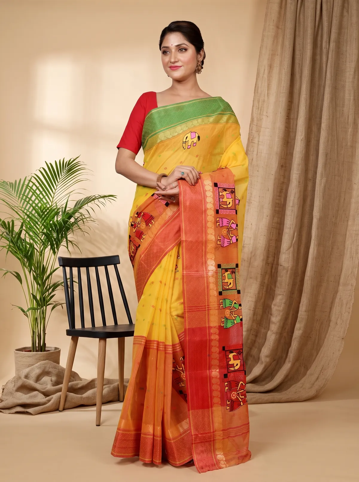 DipDiya Pure Cotton Yellow and Red Embi Ganga Gajo Bengal’s Legacy Embroidery Tant Sarees
