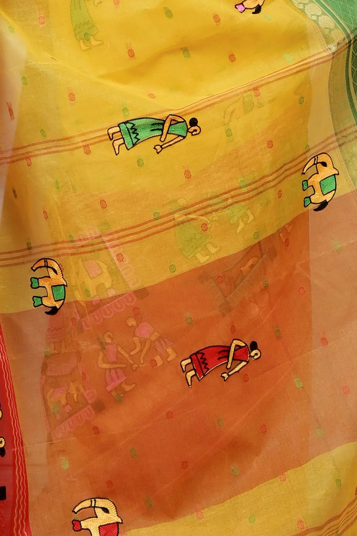 DipDiya Pure Cotton Yellow and Red Embi Ganga Gajo Bengal’s Legacy Embroidery Tant Sarees
