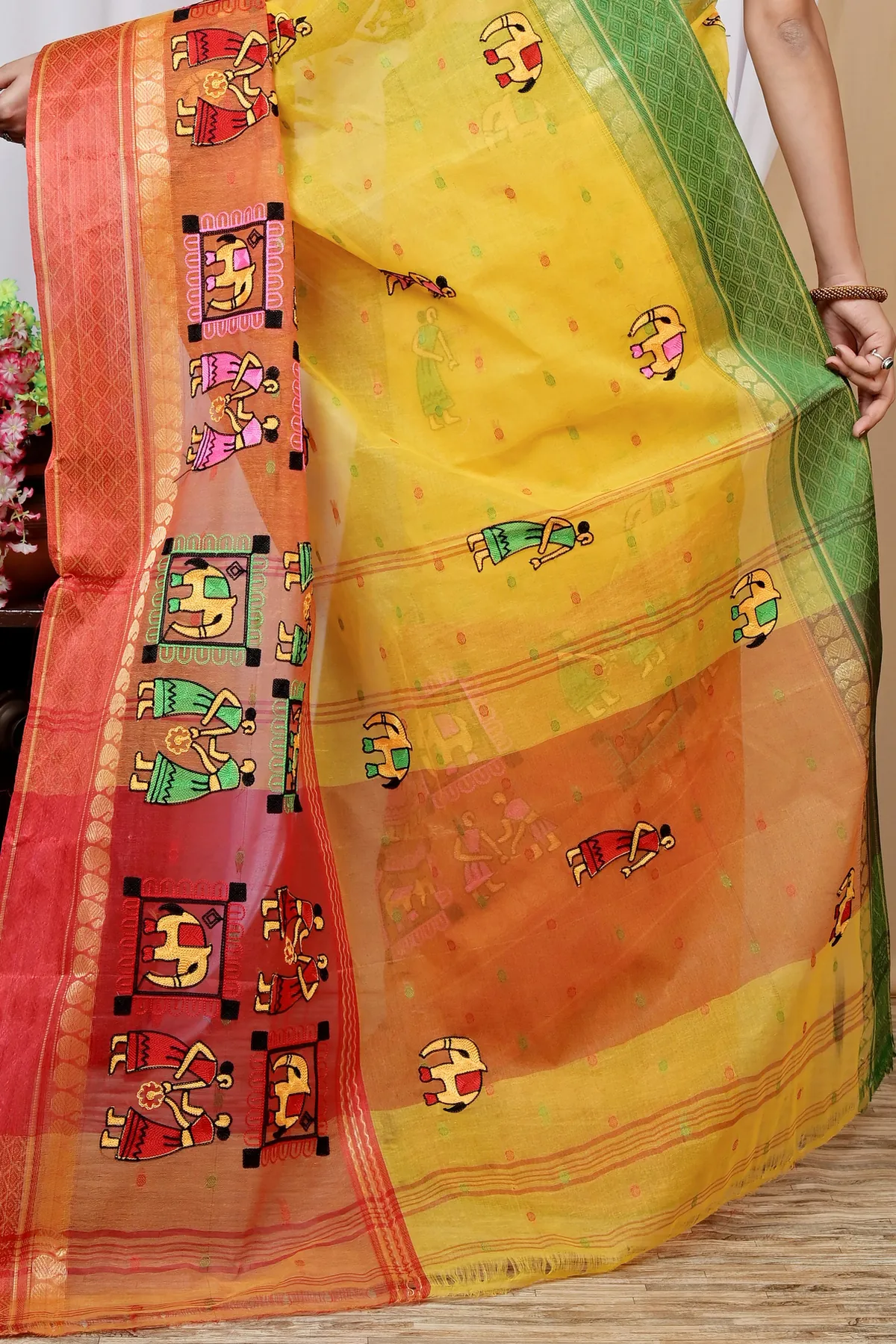 DipDiya Pure Cotton Yellow and Red Embi Ganga Gajo Bengal’s Legacy Embroidery Tant Sarees
