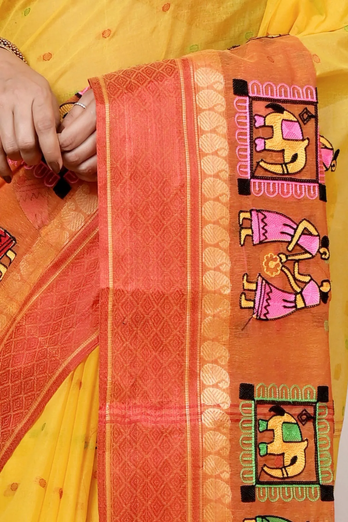 DipDiya Pure Cotton Yellow and Red Embi Ganga Gajo Bengal’s Legacy Embroidery Tant Sarees