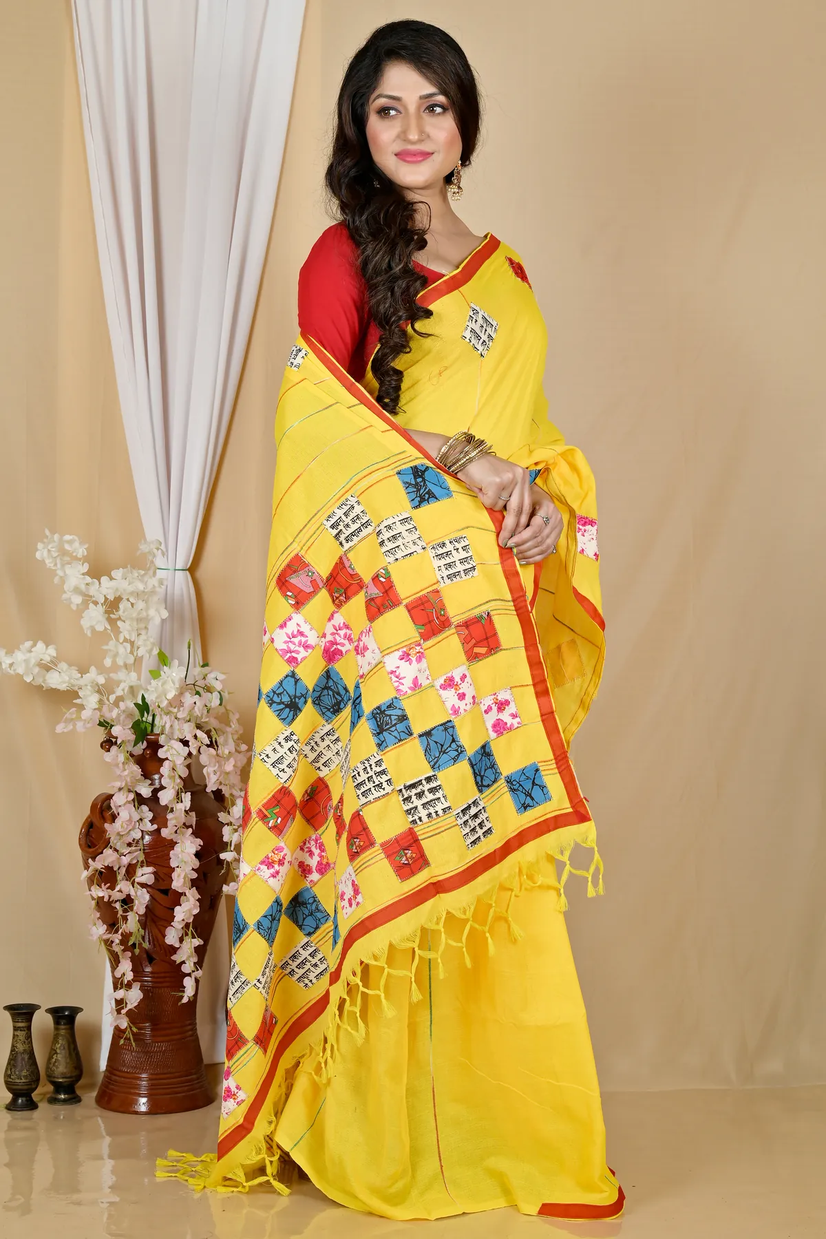 DipDiya Pure Cotton Yellow Aplika Tanu Crafted in Bengal Applique Sarees