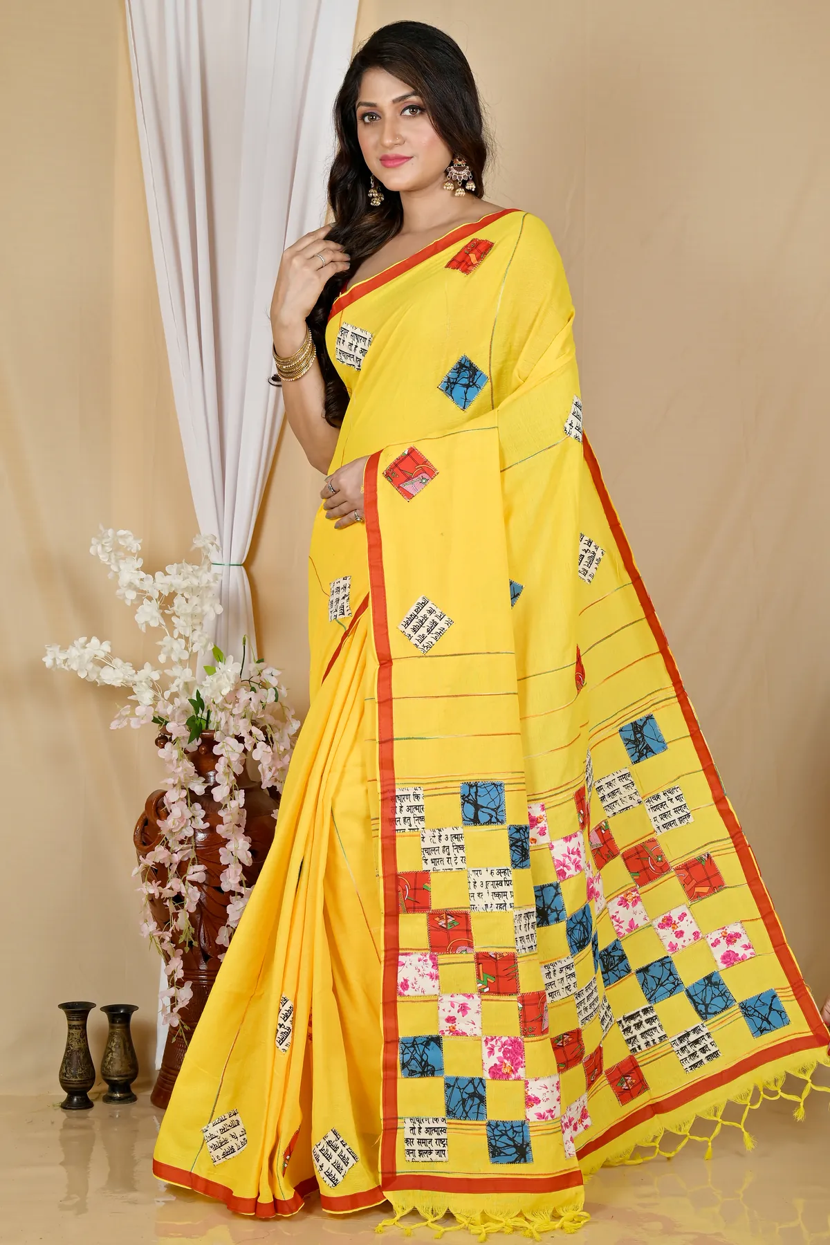DipDiya Pure Cotton Yellow Aplika Tanu Crafted in Bengal Applique Sarees