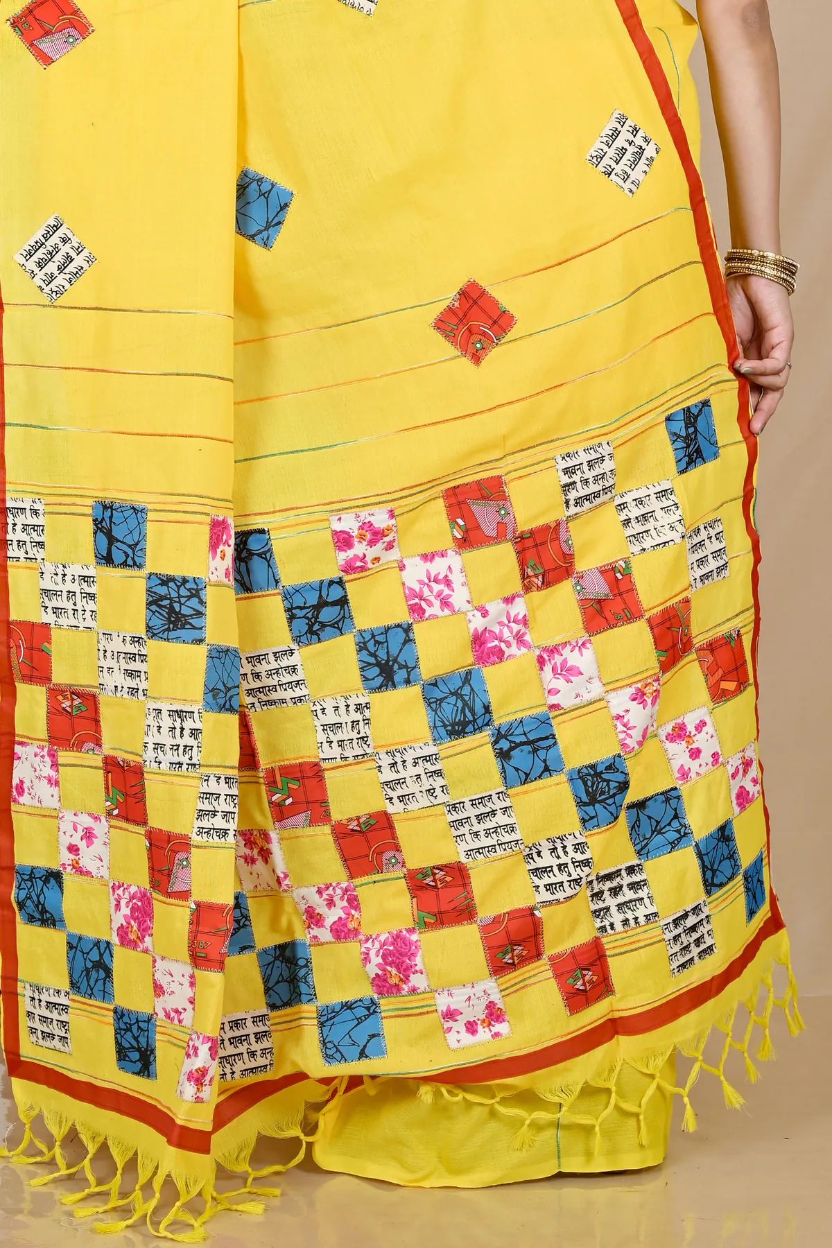 DipDiya Pure Cotton Yellow Aplika Tanu Crafted in Bengal Applique Sarees