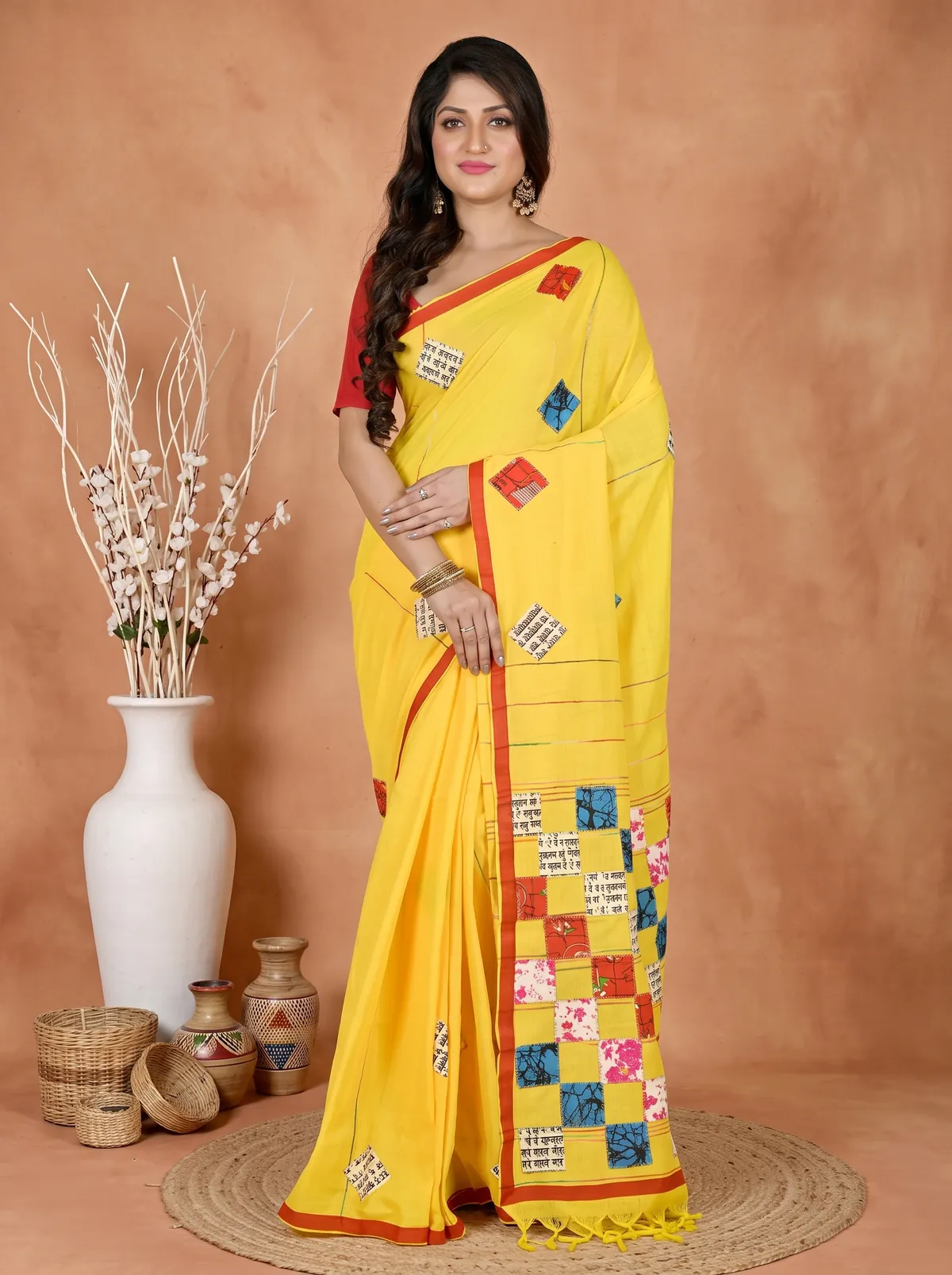 DipDiya Pure Cotton Yellow Aplika Tanu Crafted in Bengal Applique Sarees