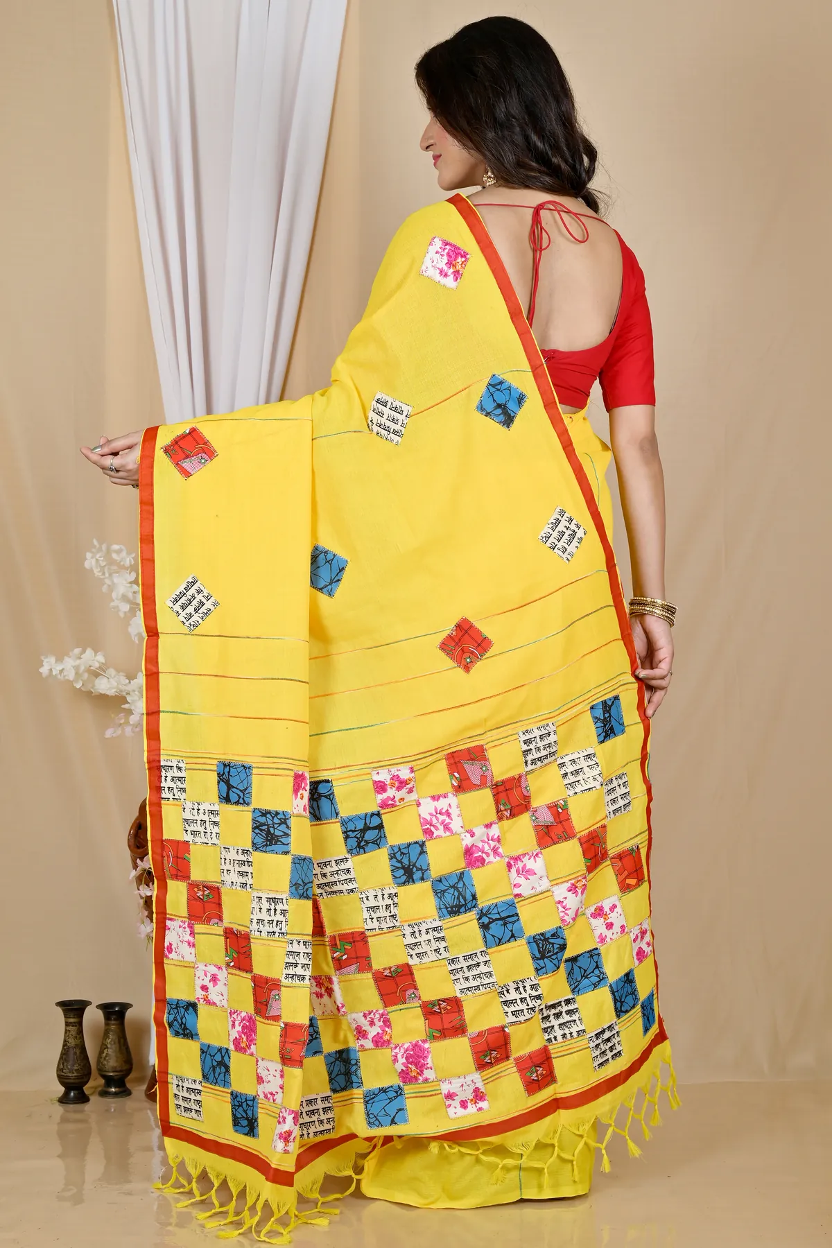 DipDiya Pure Cotton Yellow Aplika Tanu Crafted in Bengal Applique Sarees