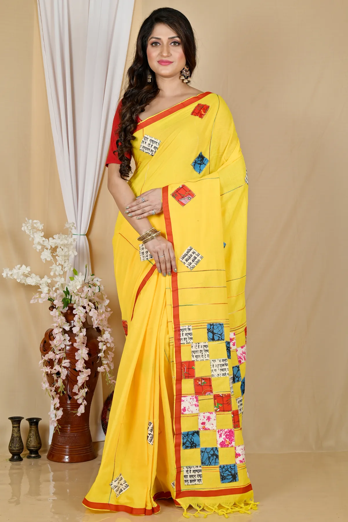 DipDiya Pure Cotton Yellow Aplika Tanu Crafted in Bengal Applique Sarees