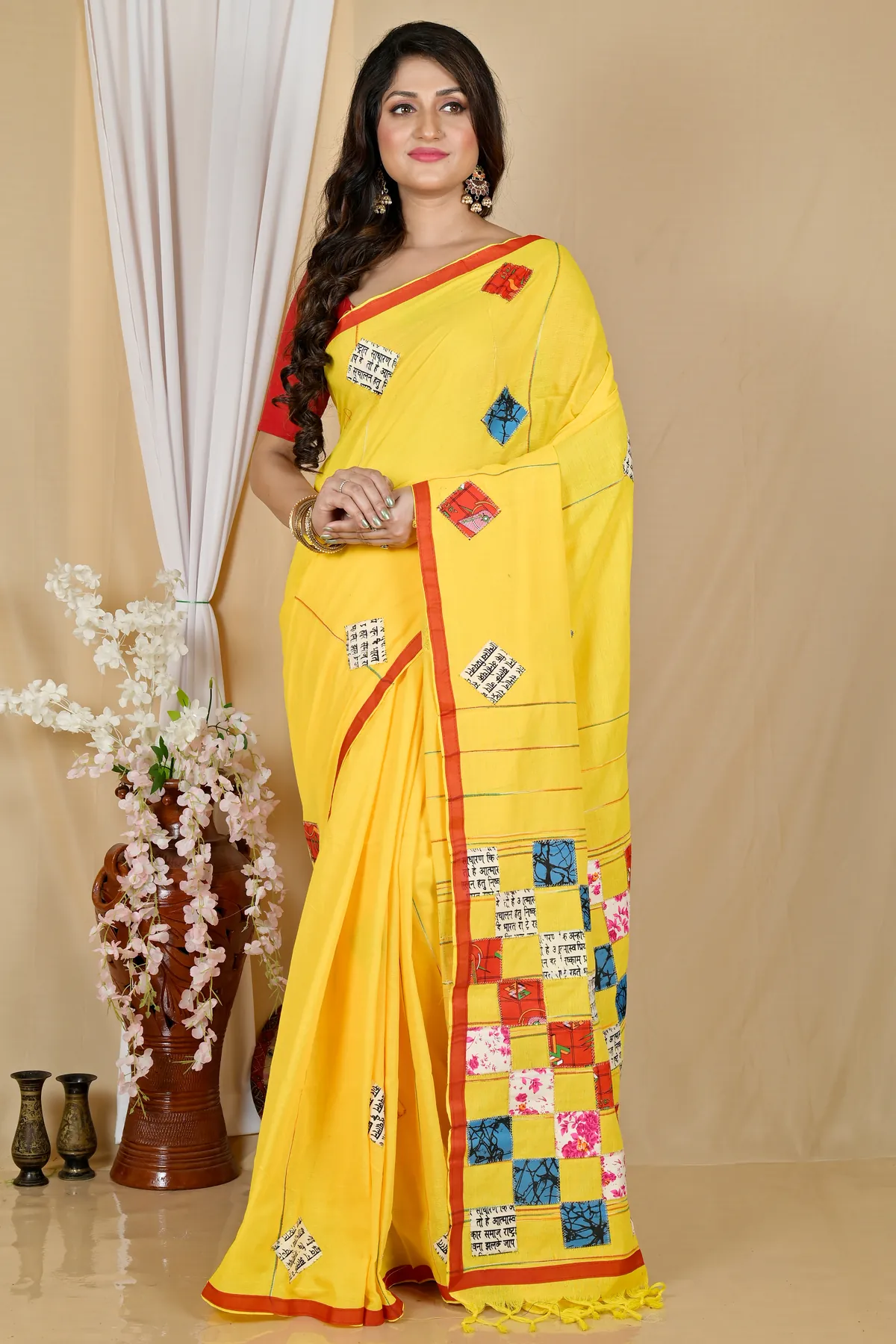 DipDiya Pure Cotton Yellow Aplika Tanu Crafted in Bengal Applique Sarees