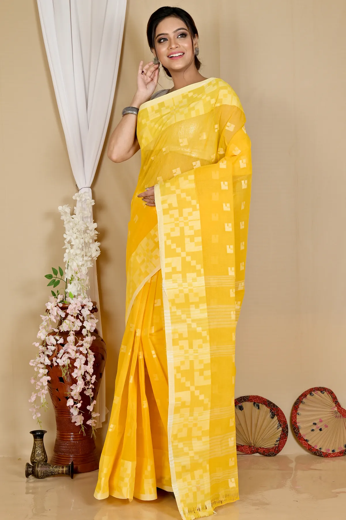 DipDiya Pure Cotton Yellow Aptuk Timeless Elegance Tant Sarees