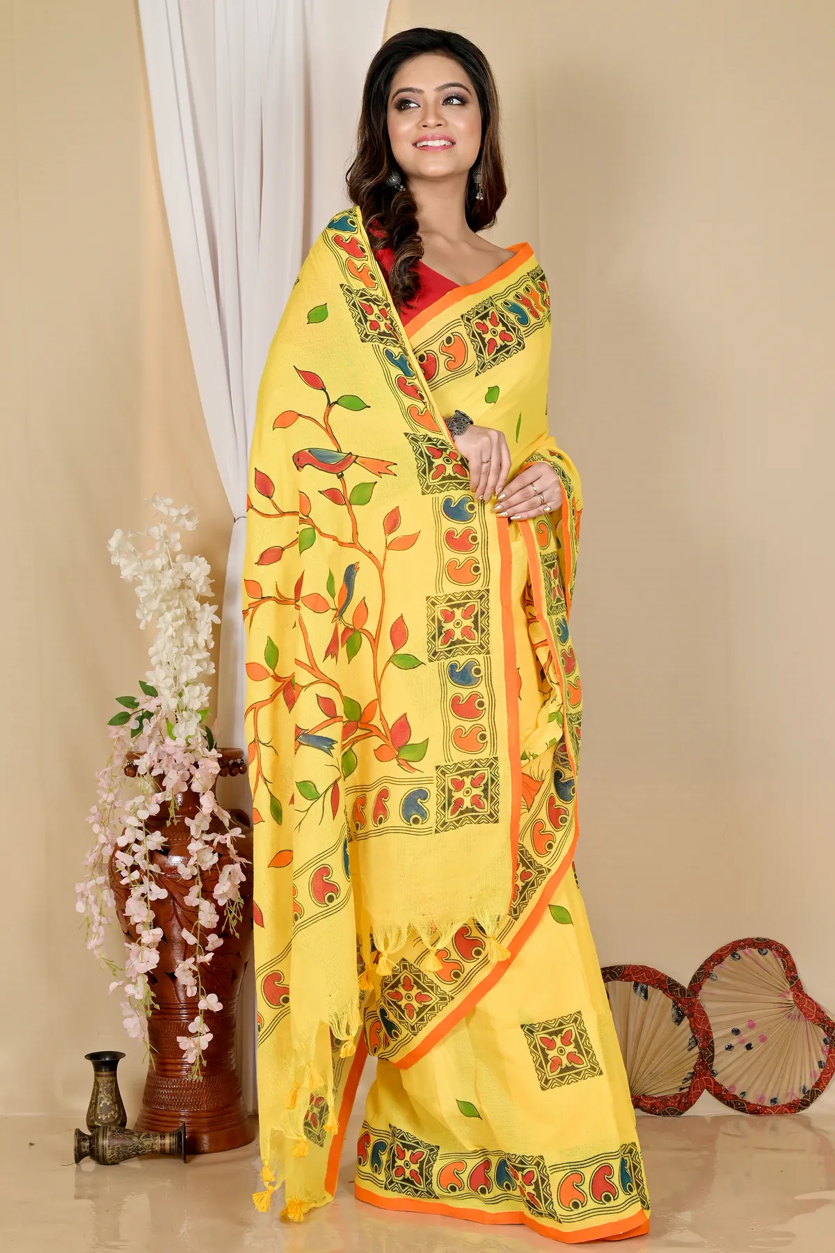 DipDiya Pure Cotton Yellow Asu Stories of Bengal Handloom Sarees