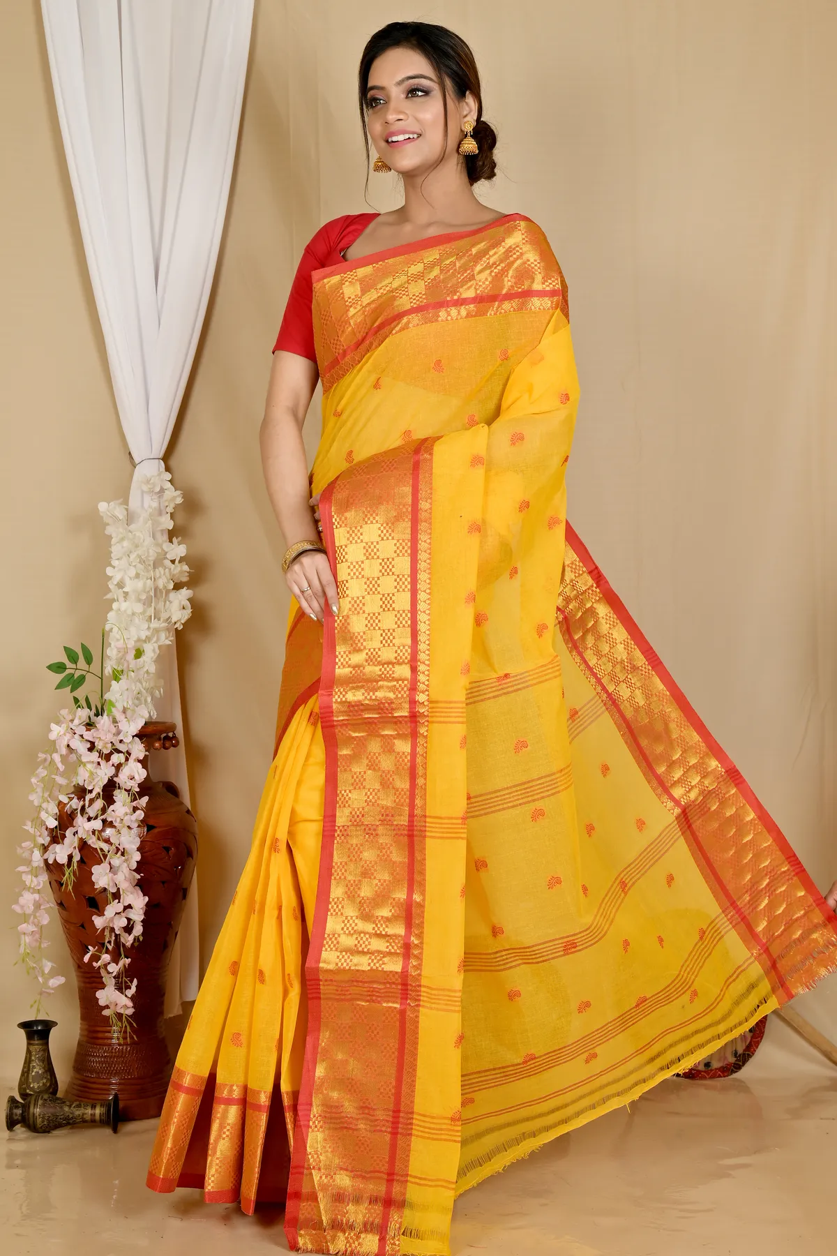 DipDiya Pure Cotton Yellow Atula Traditional Bengali Tant Sarees