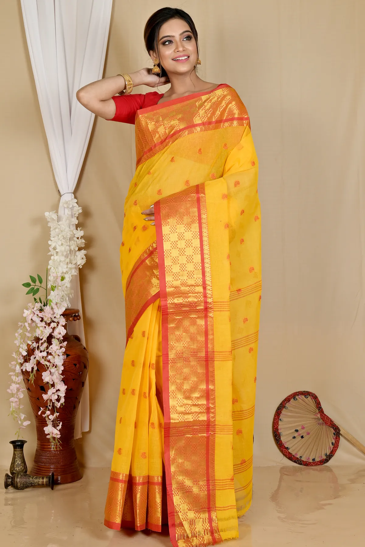 DipDiya Pure Cotton Yellow Atula Traditional Bengali Tant Sarees