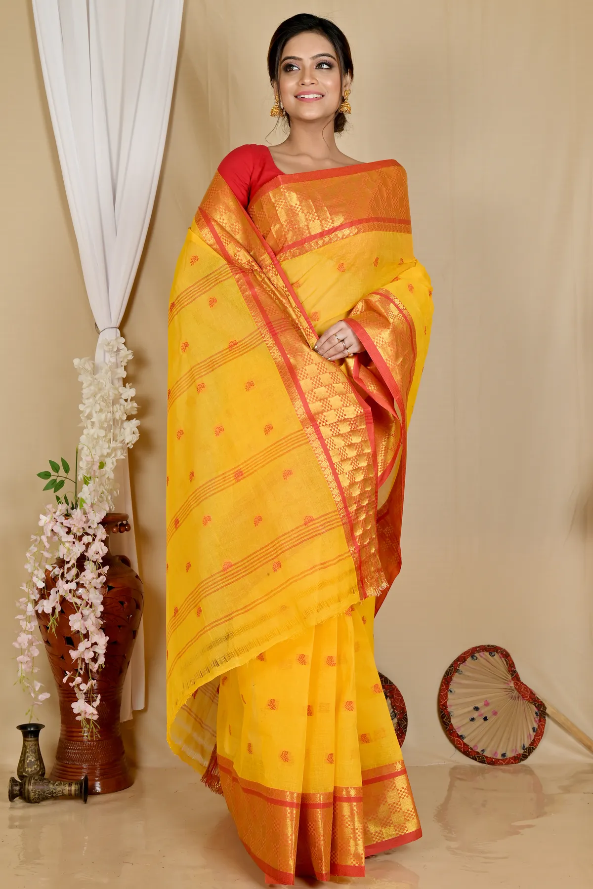 DipDiya Pure Cotton Yellow Atula Traditional Bengali Tant Sarees